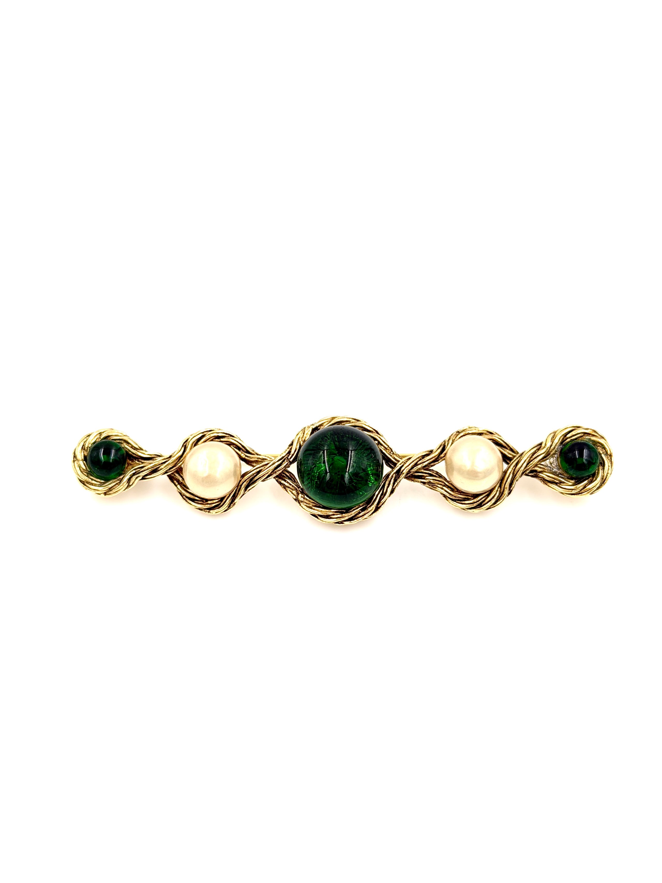 Pre-owned Chanel 1984 Gripoix and Pearl Bar Brooch Green - Authenticated