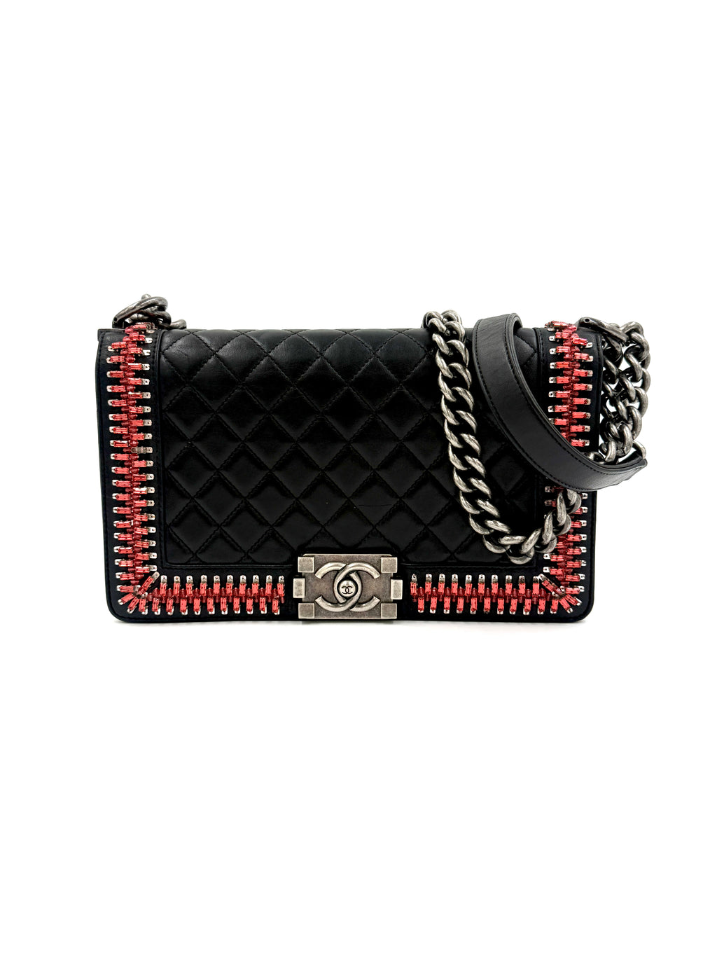 Pre-Owned CHANEL Black Lambskin Medium Boy Bag with Red Crystals - Authenticated