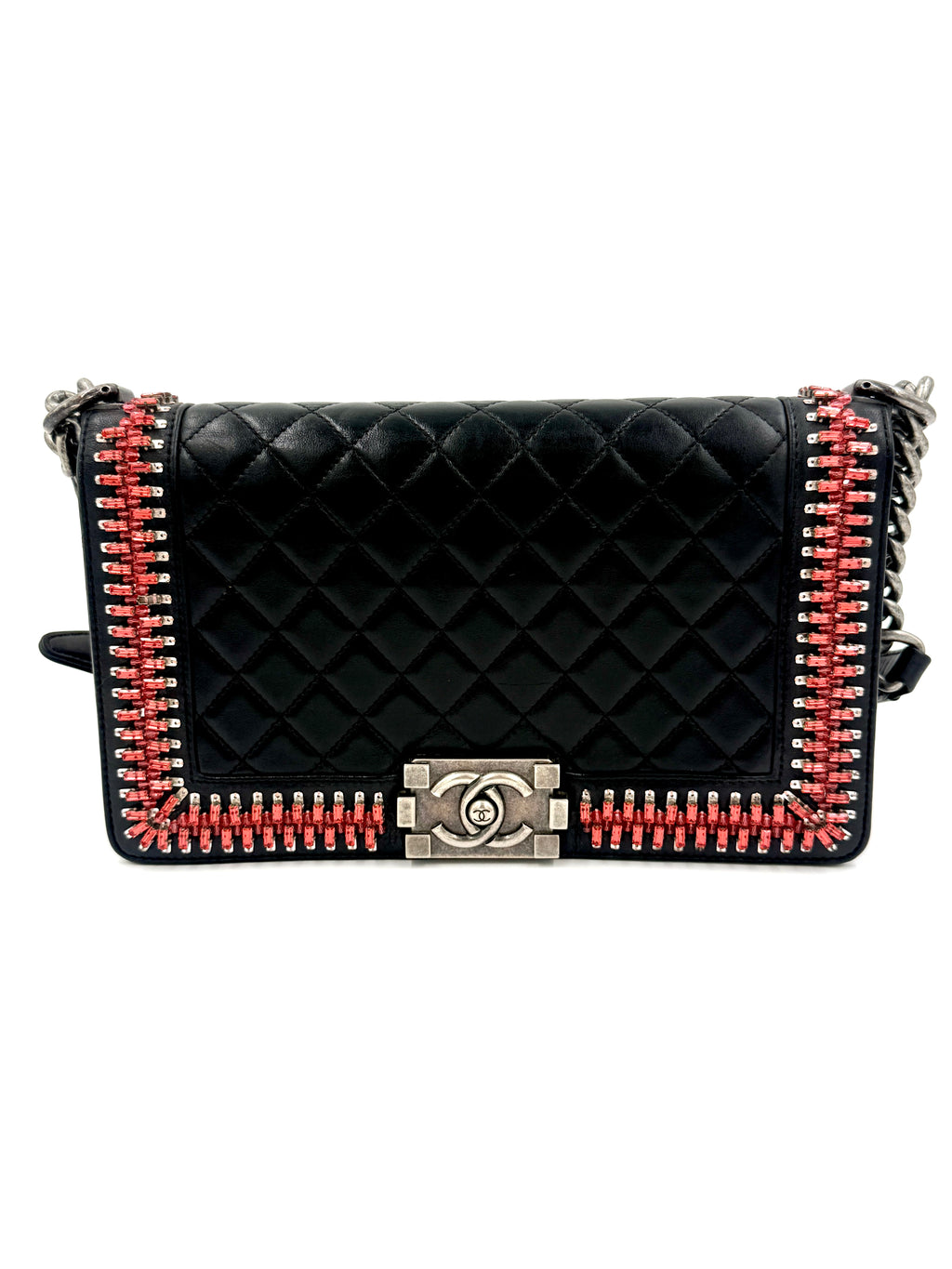 Pre-Owned CHANEL Black Lambskin Medium Boy Bag with Red Crystals - Authenticated