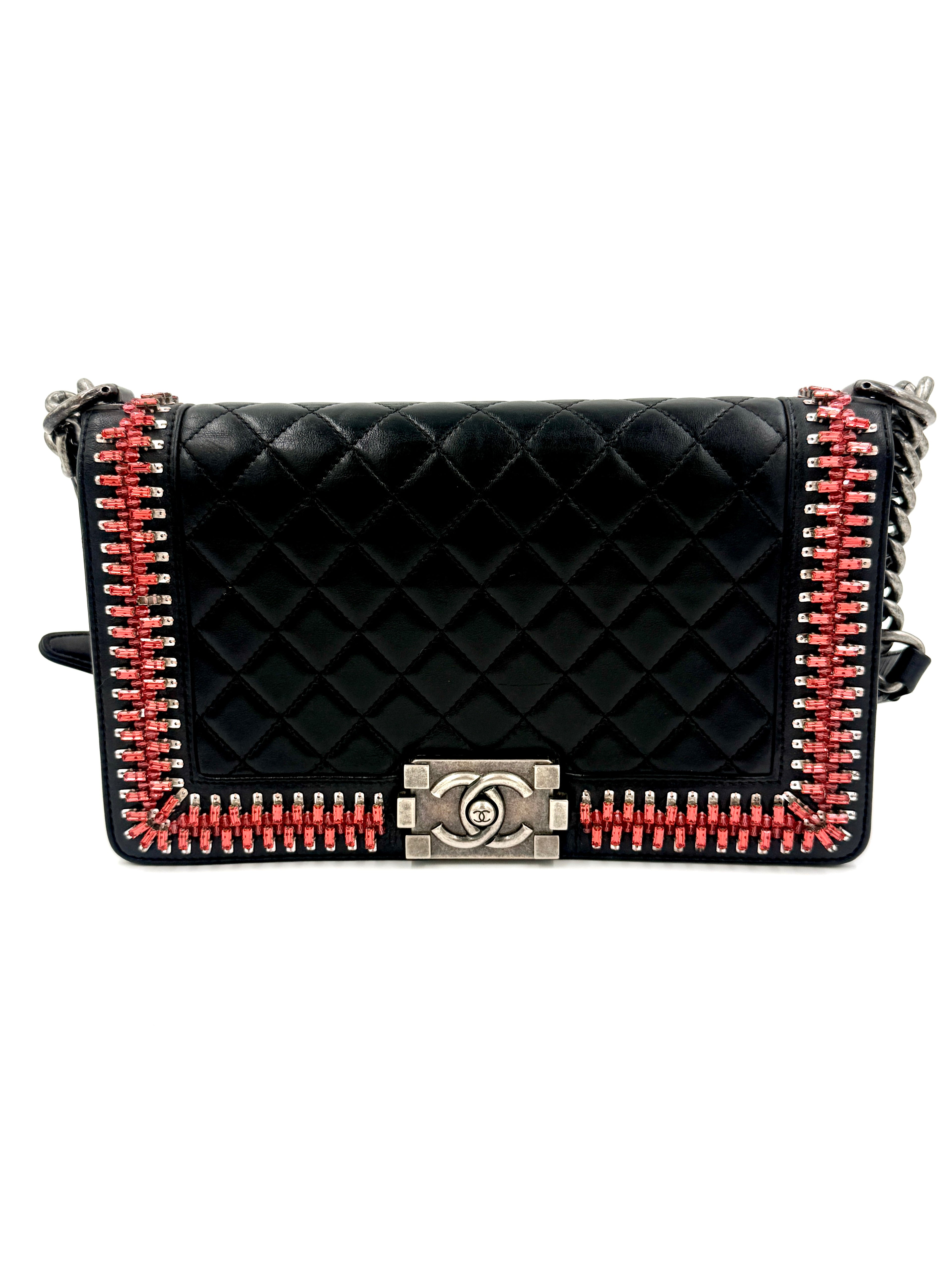 Pre-Owned CHANEL Black Lambskin Medium Boy Bag with Red Crystals - Authenticated