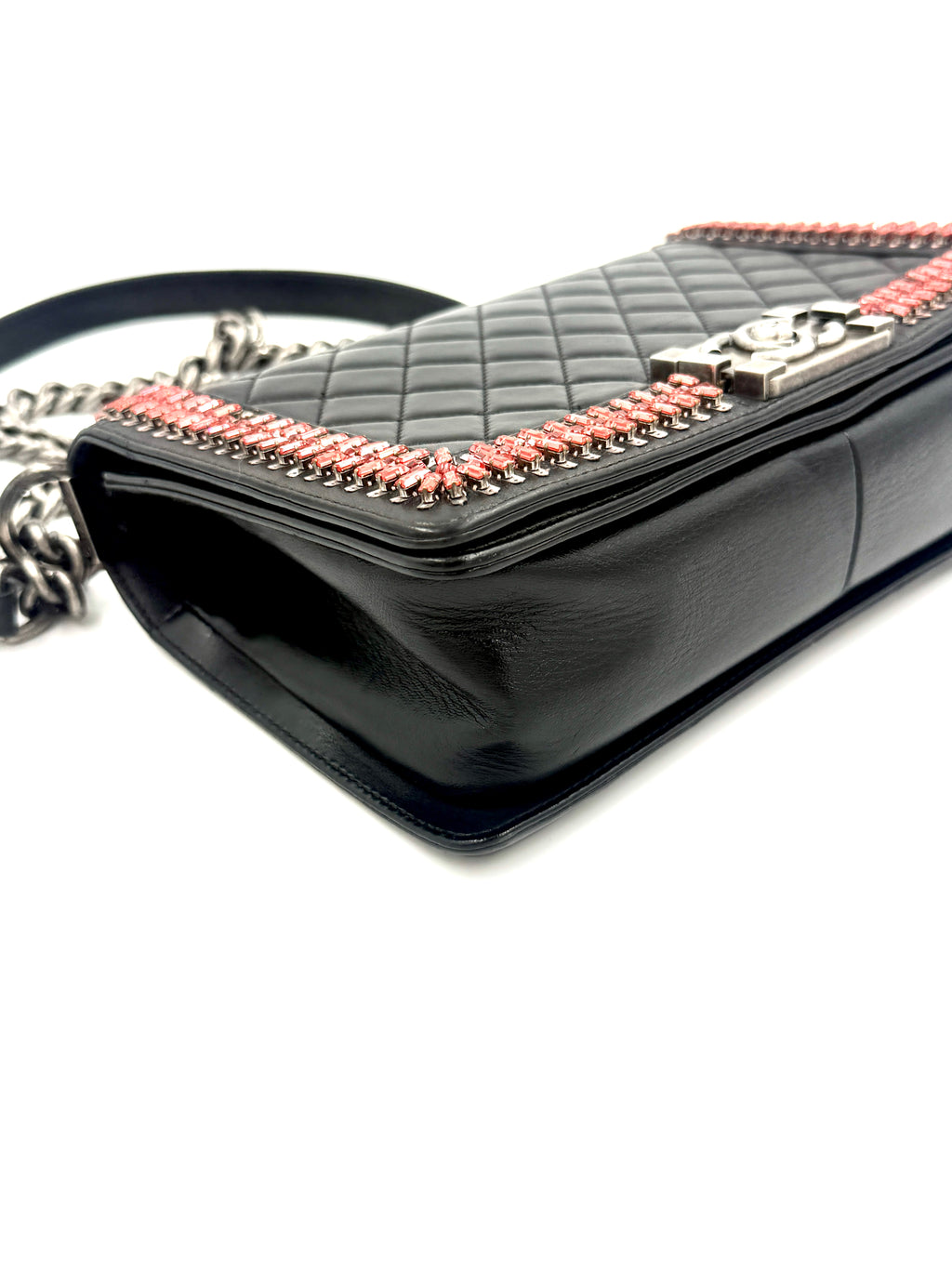 Pre-Owned CHANEL Black Lambskin Medium Boy Bag with Red Crystals - Authenticated