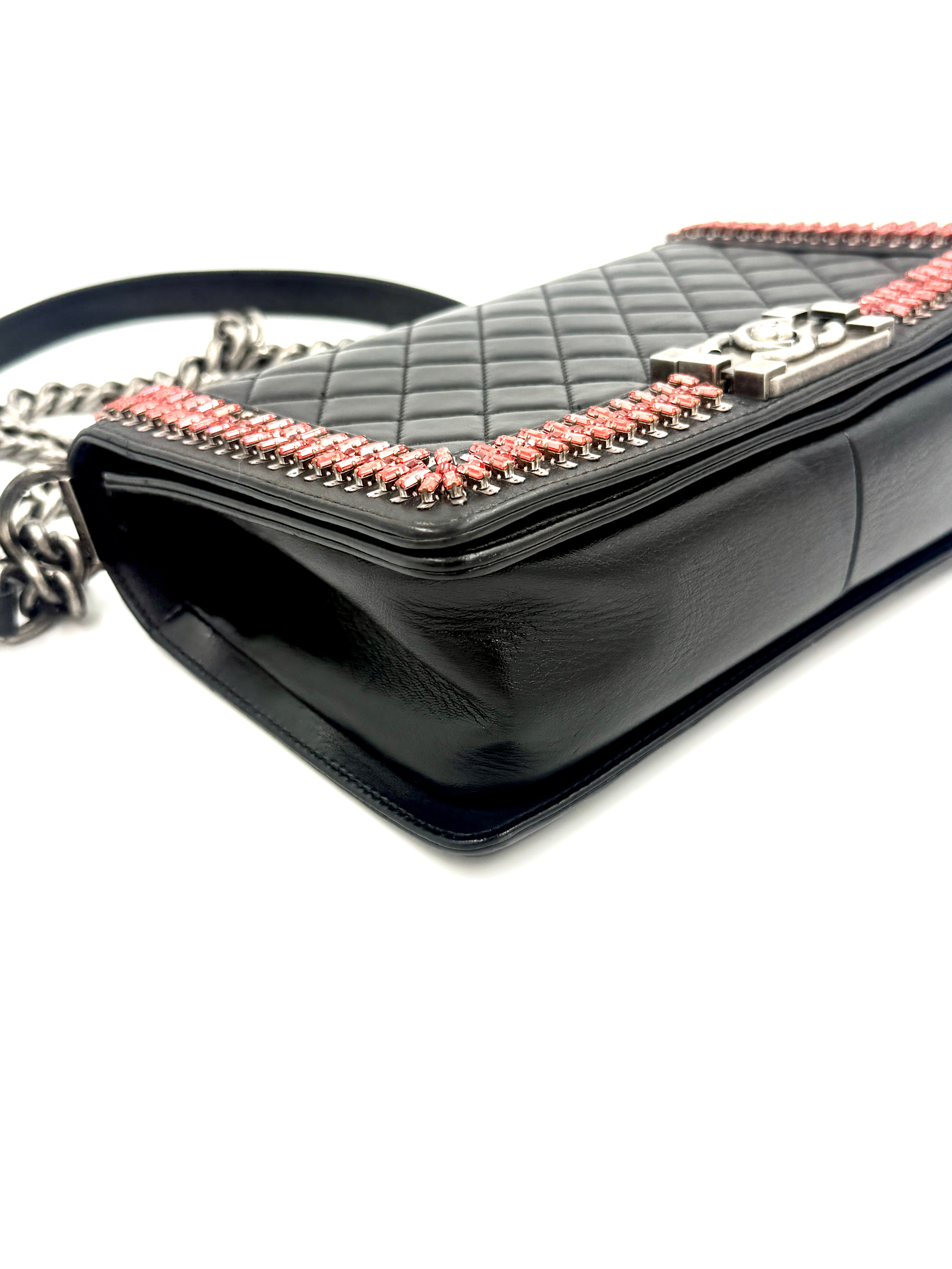 Pre-Owned CHANEL Black Lambskin Medium Boy Bag with Red Crystals - Authenticated