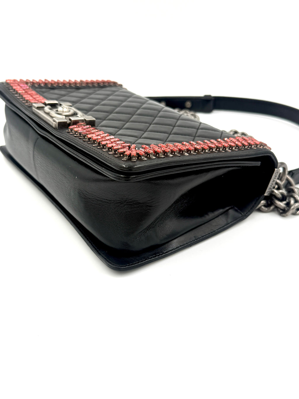 Pre-Owned CHANEL Black Lambskin Medium Boy Bag with Red Crystals - Authenticated