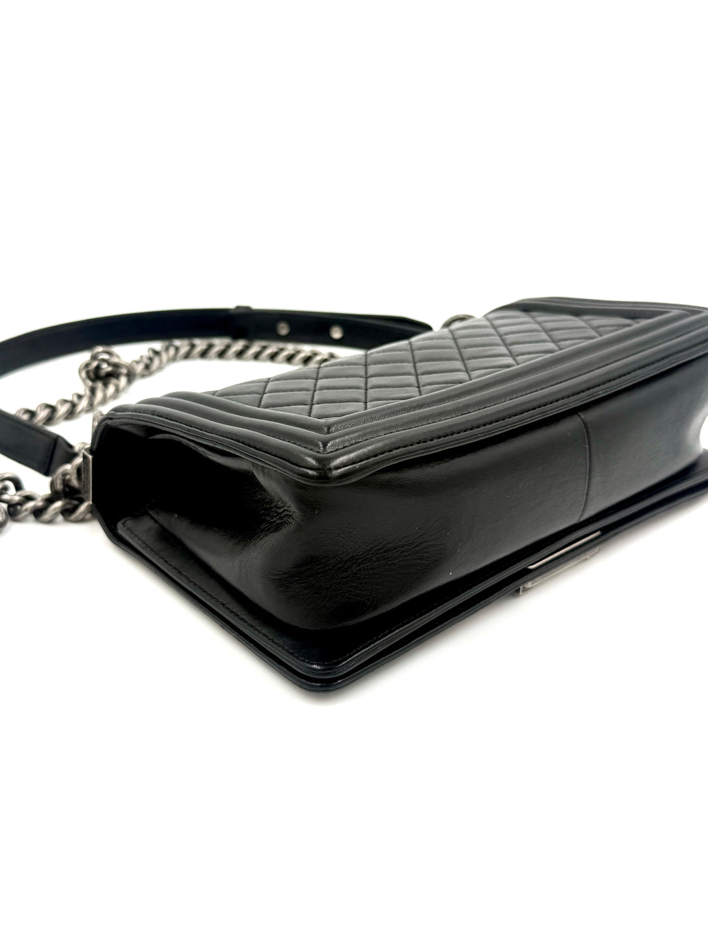 Pre-Owned CHANEL Black Lambskin Medium Boy Bag with Red Crystals - Authenticated