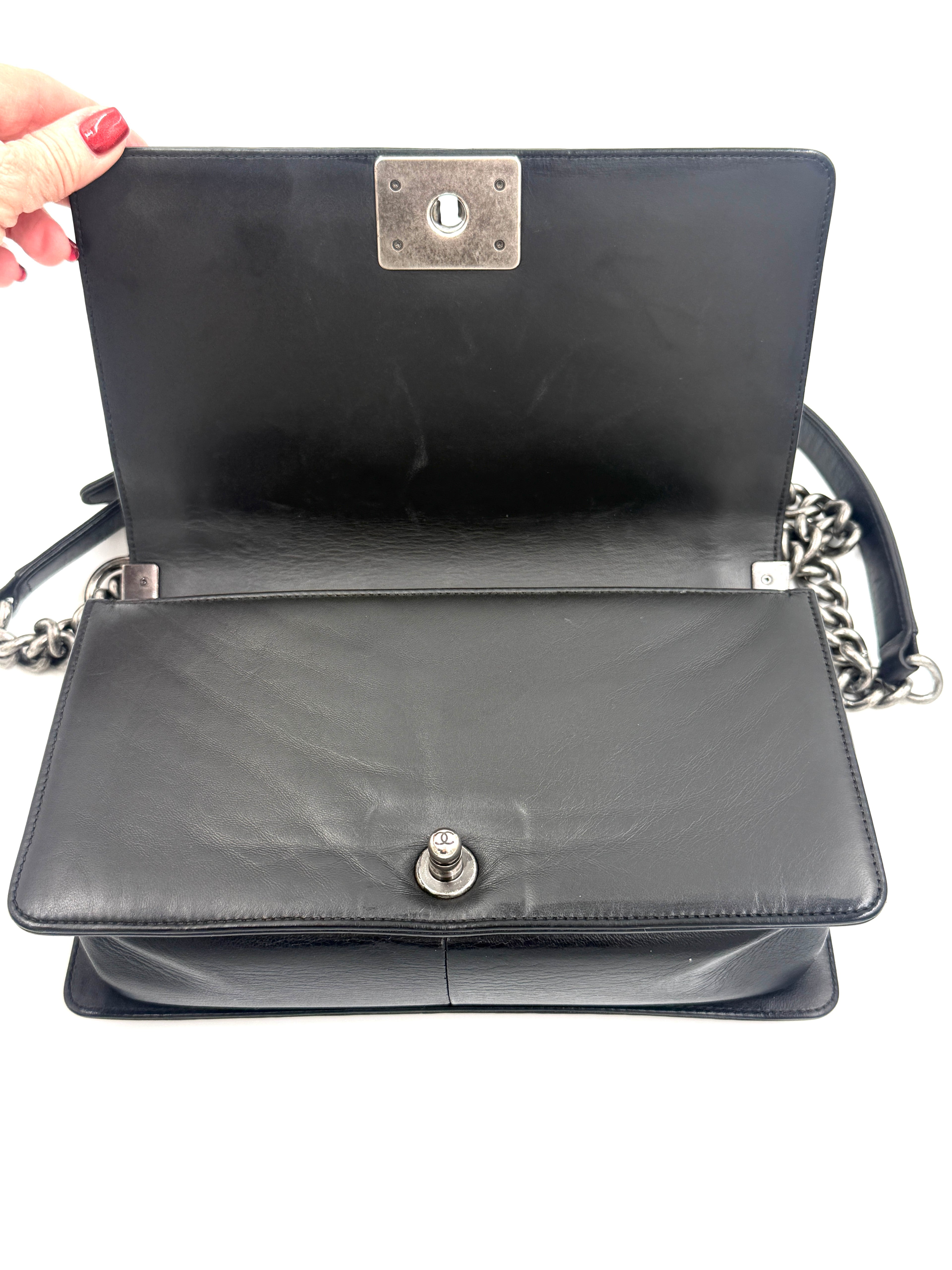 Pre-Owned CHANEL Black Lambskin Medium Boy Bag with Red Crystals - Authenticated