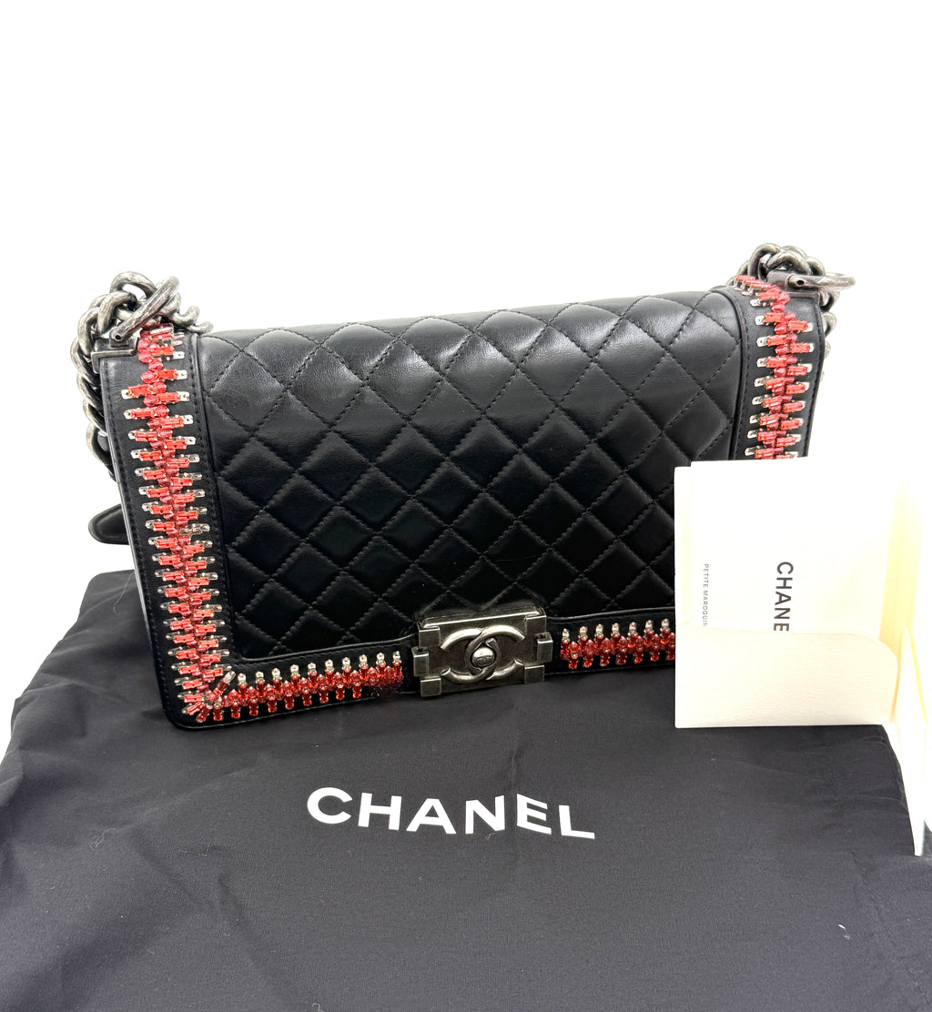 Pre-Owned CHANEL Black Lambskin Medium Boy Bag with Red Crystals - Authenticated