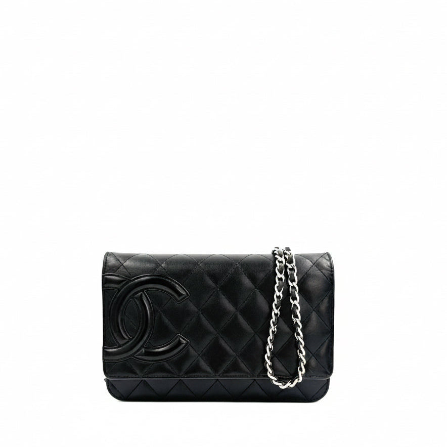 Pre-owned Chanel Black Cambon Wallet on Chain Fuschia Lining Silver Hardware - Authenticated