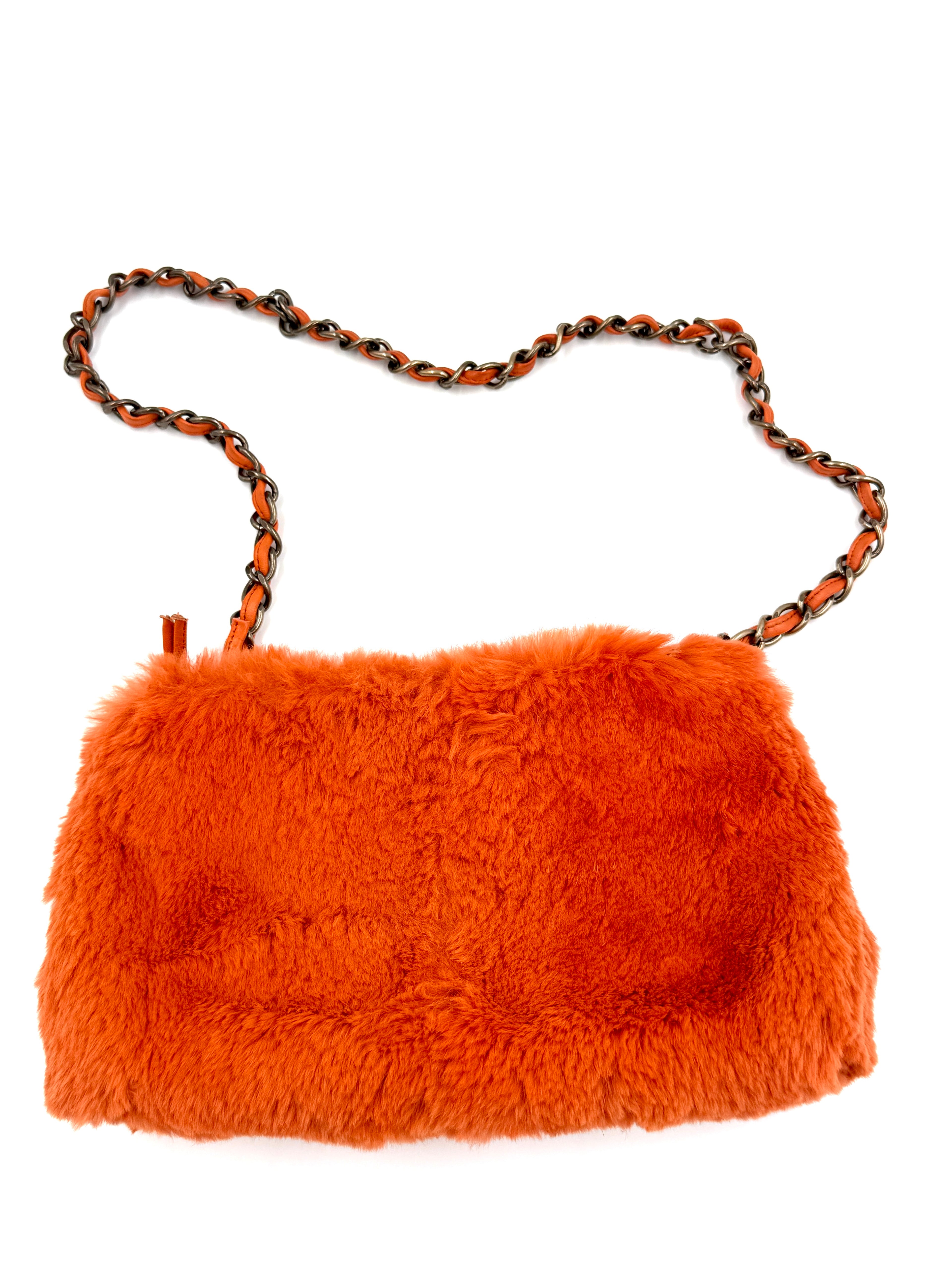 Pre-Owned Chanel Orange Rabbit Fur Bag Chain Shoulder Bag - Authenticated