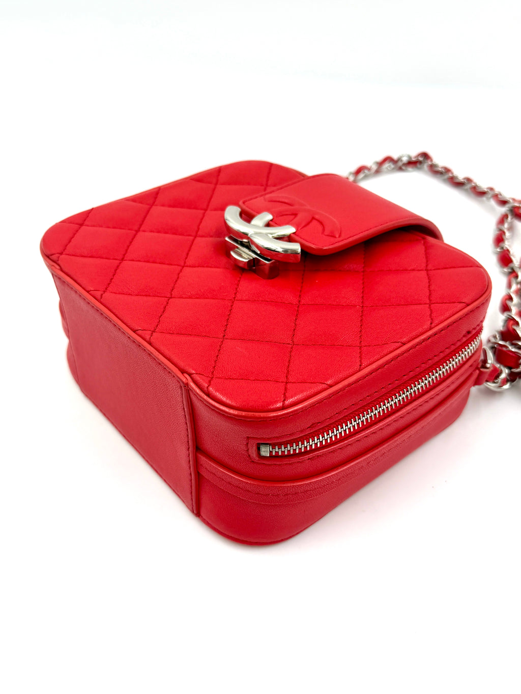 Pre-Owned CHANEL Mini CC Box Camera Bag with Silver Hardware Red - Authenticated