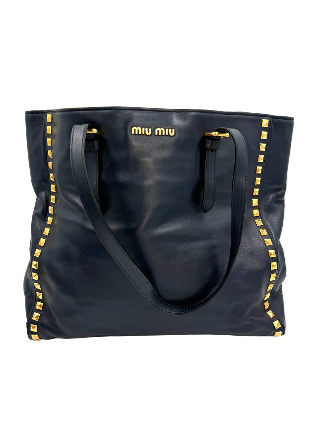Pre-owned Miu Miu Studded Soft Calfskin Navy Blue Tote - Authenticated
