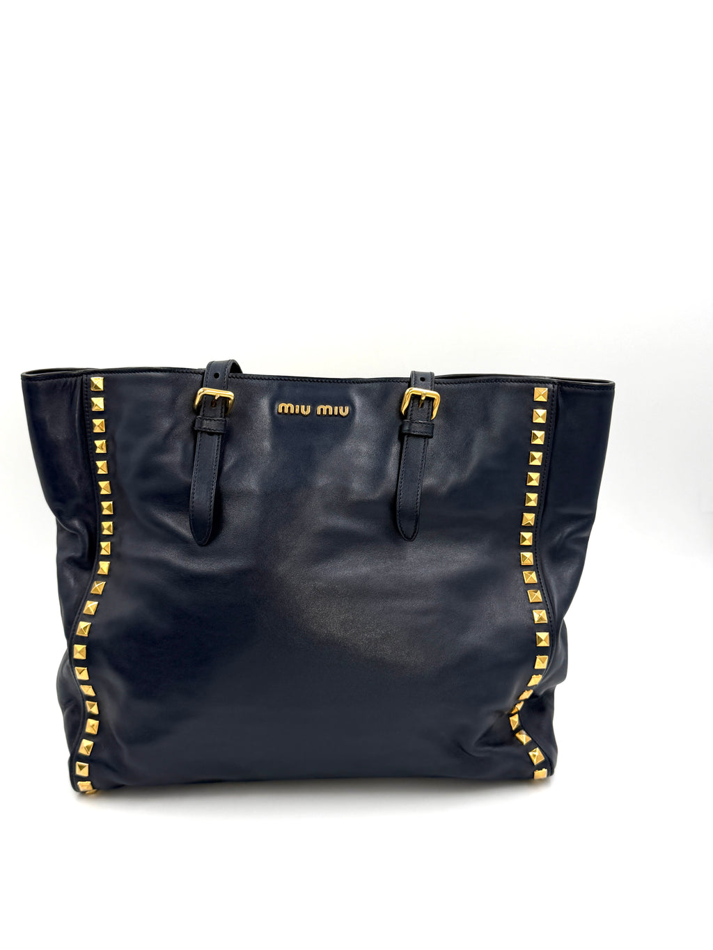 Pre-owned Miu Miu Studded Soft Calfskin Navy Blue Tote - Authenticated