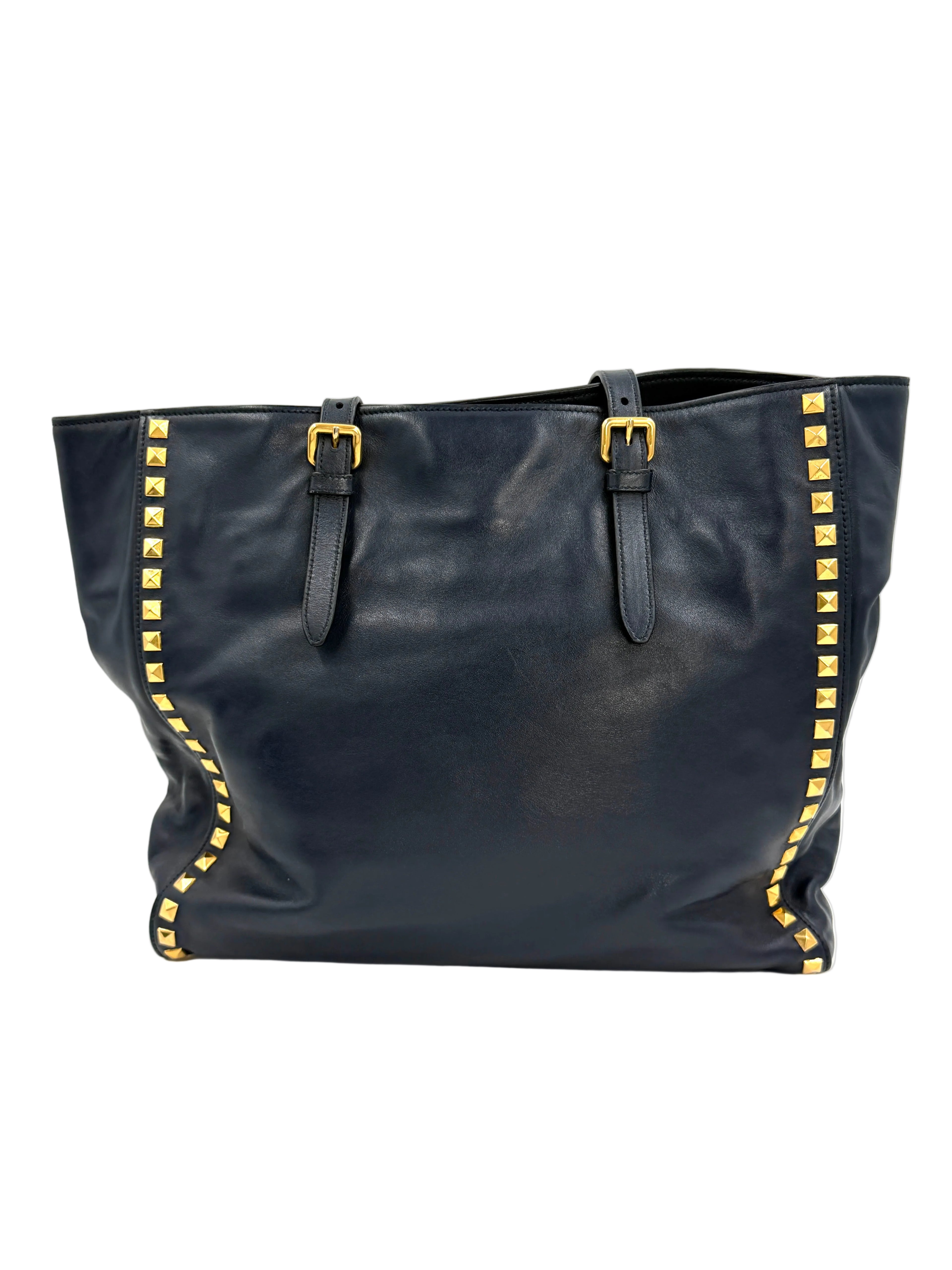 Pre-owned Miu Miu Studded Soft Calfskin Navy Blue Tote - Authenticated