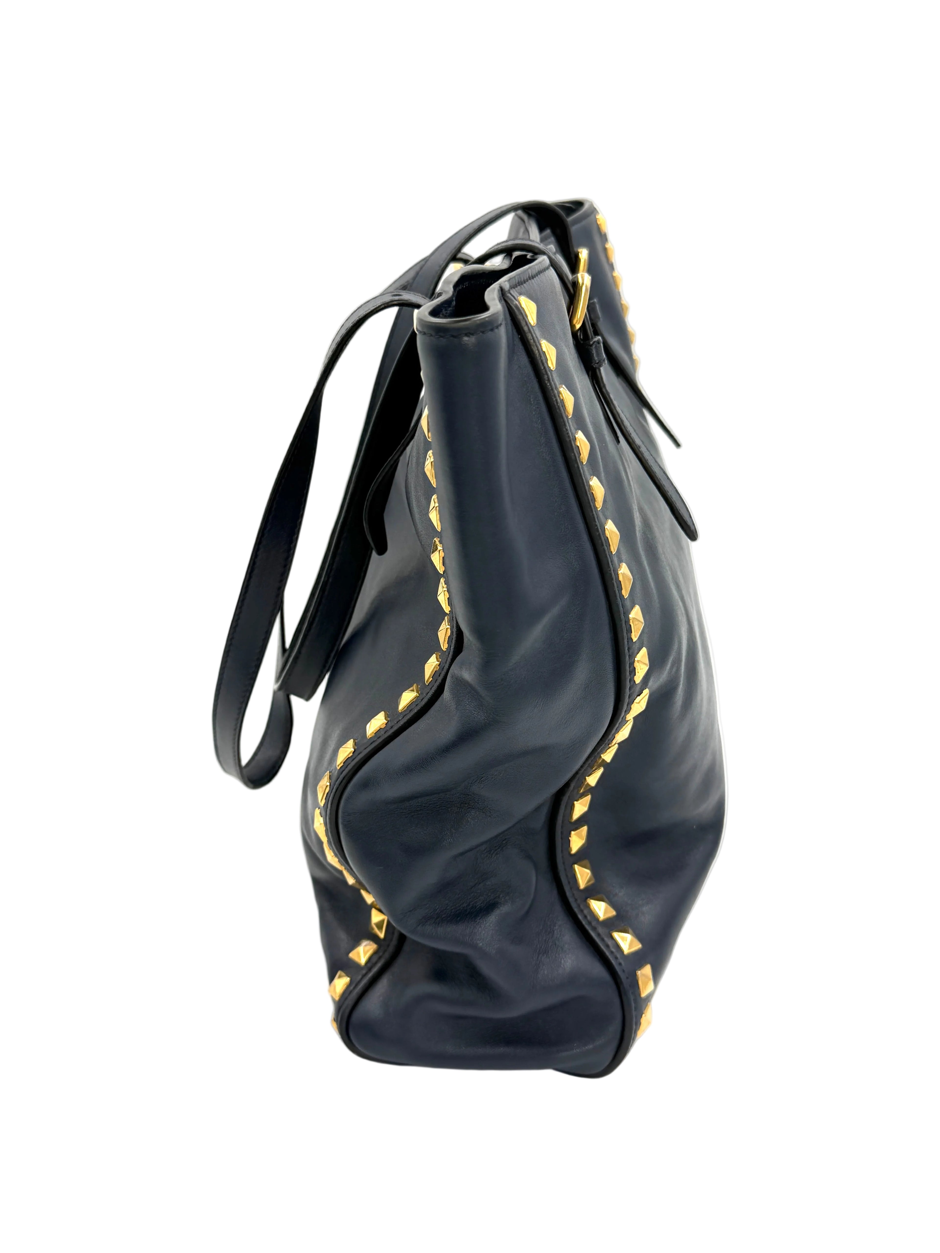 Pre-owned Miu Miu Studded Soft Calfskin Navy Blue Tote - Authenticated