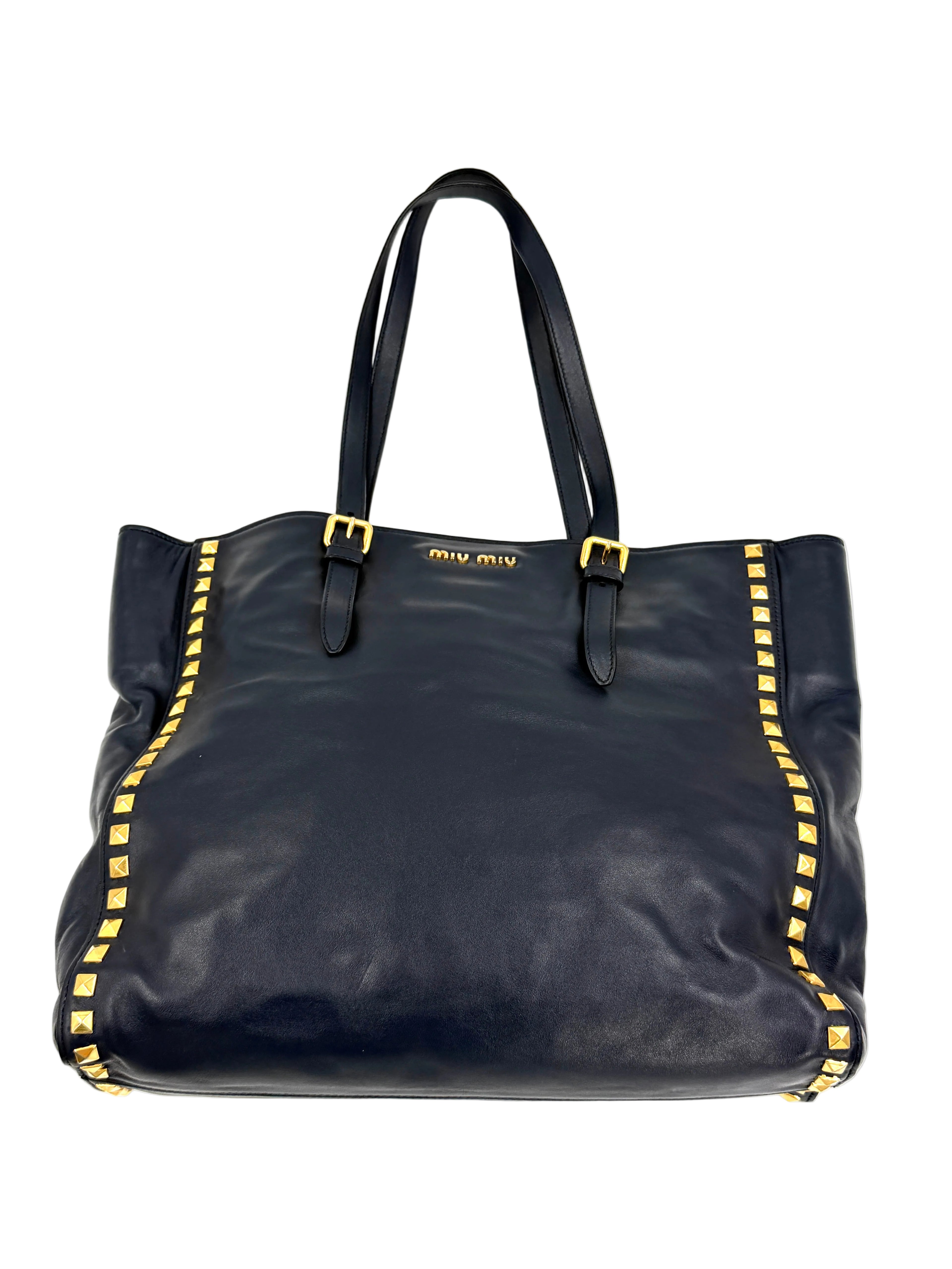 Pre-owned Miu Miu Studded Soft Calfskin Navy Blue Tote - Authenticated