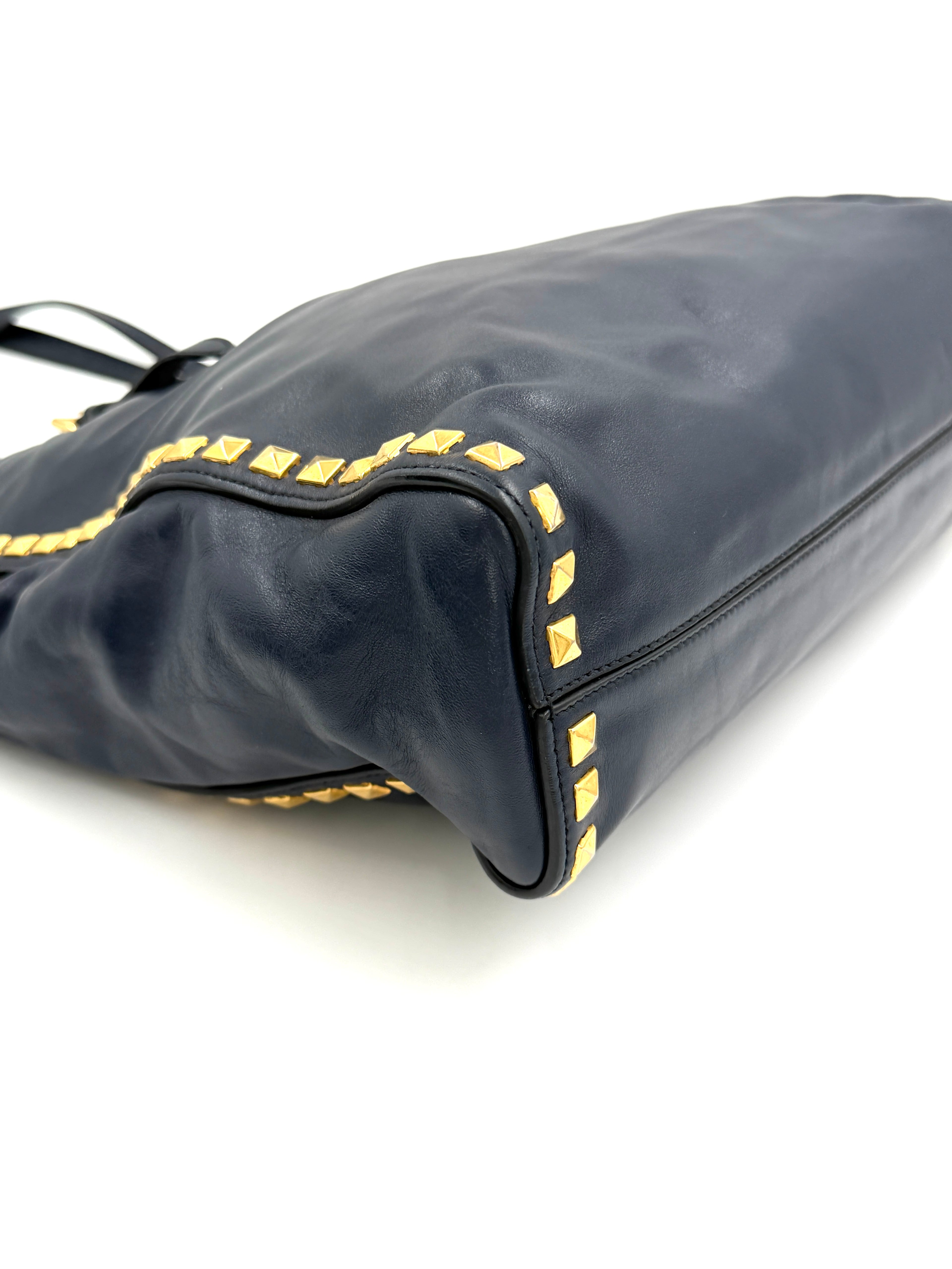 Pre-owned Miu Miu Studded Soft Calfskin Navy Blue Tote - Authenticated