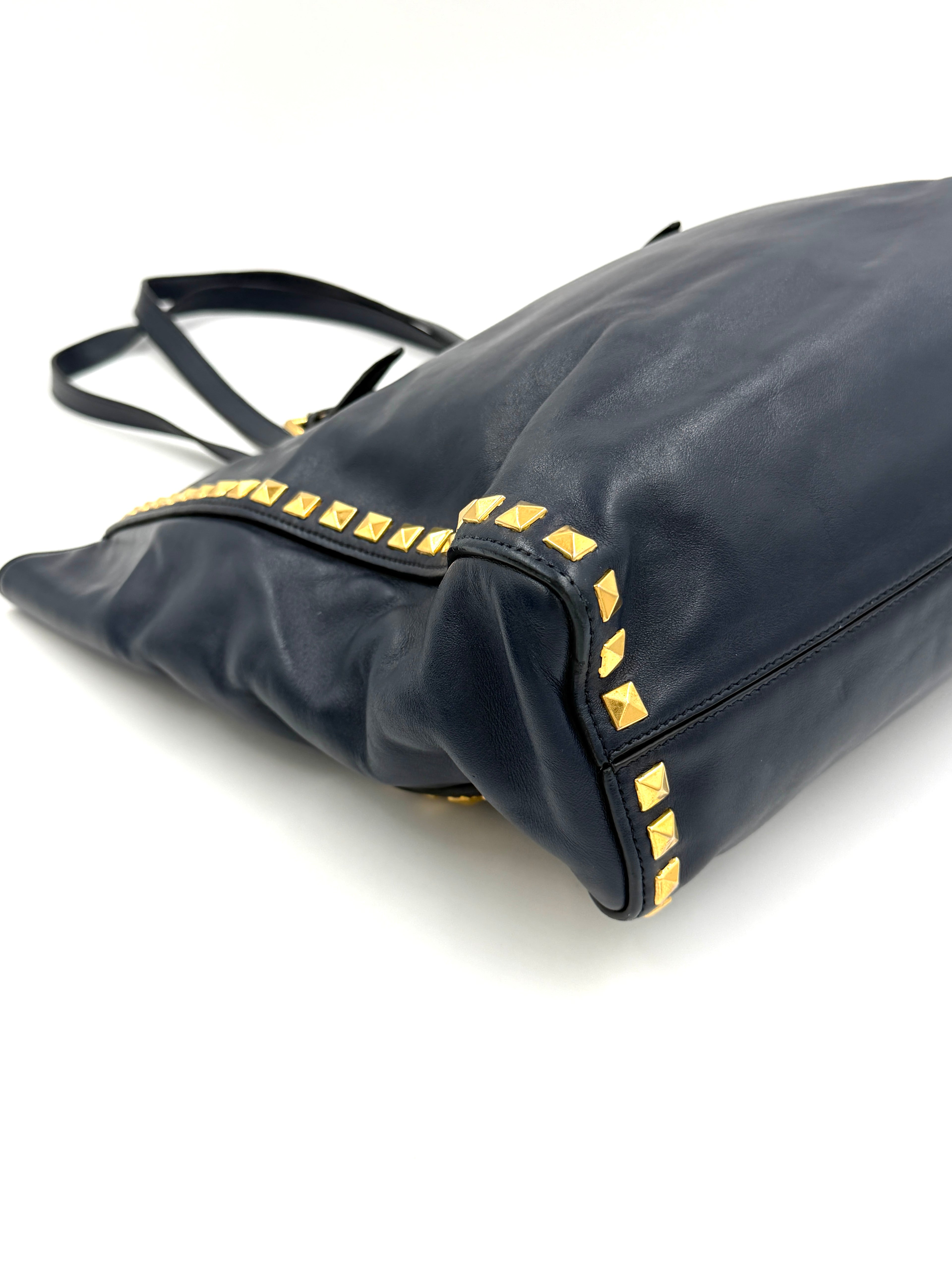 Pre-owned Miu Miu Studded Soft Calfskin Navy Blue Tote - Authenticated