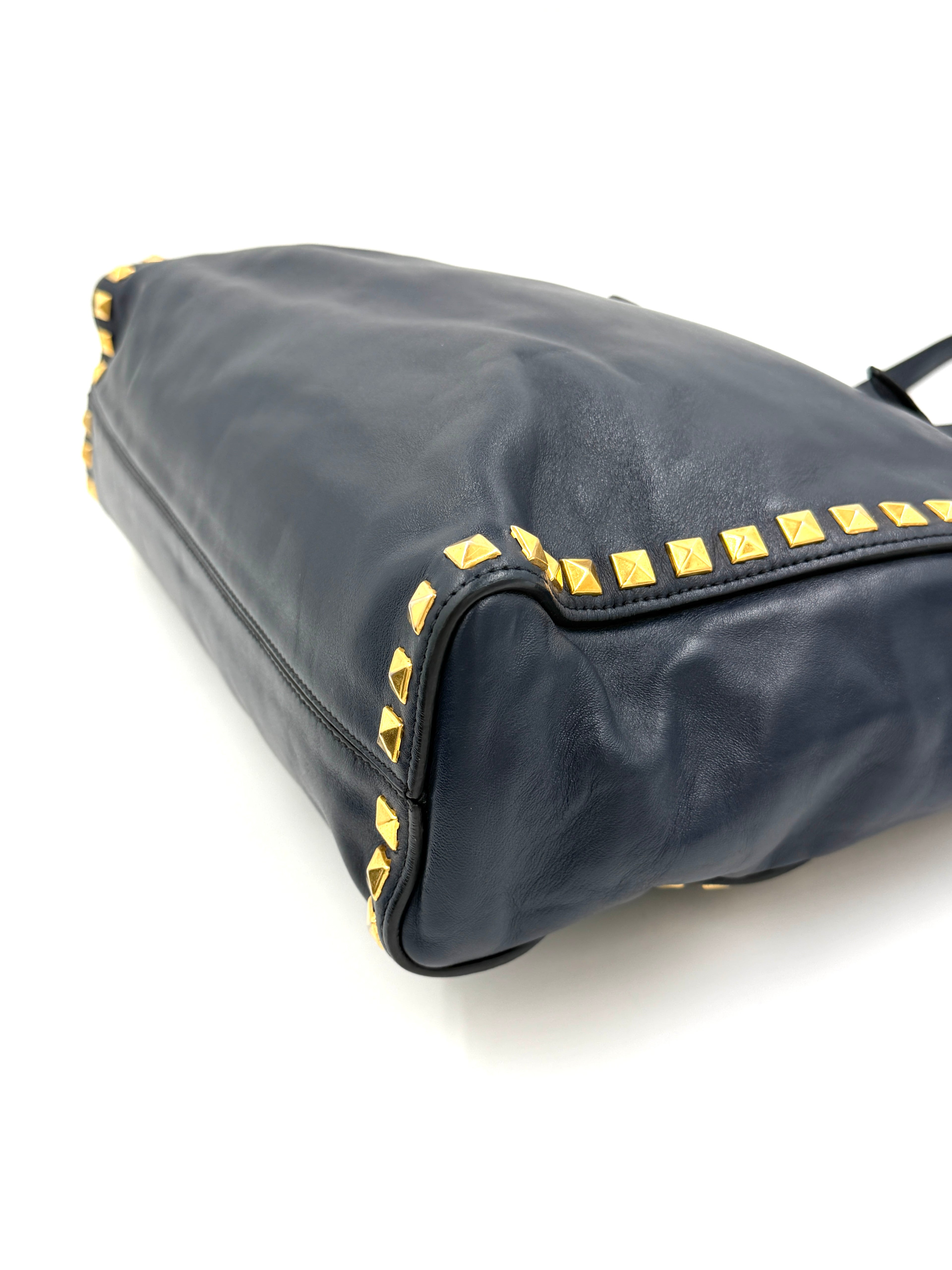 Pre-owned Miu Miu Studded Soft Calfskin Navy Blue Tote - Authenticated