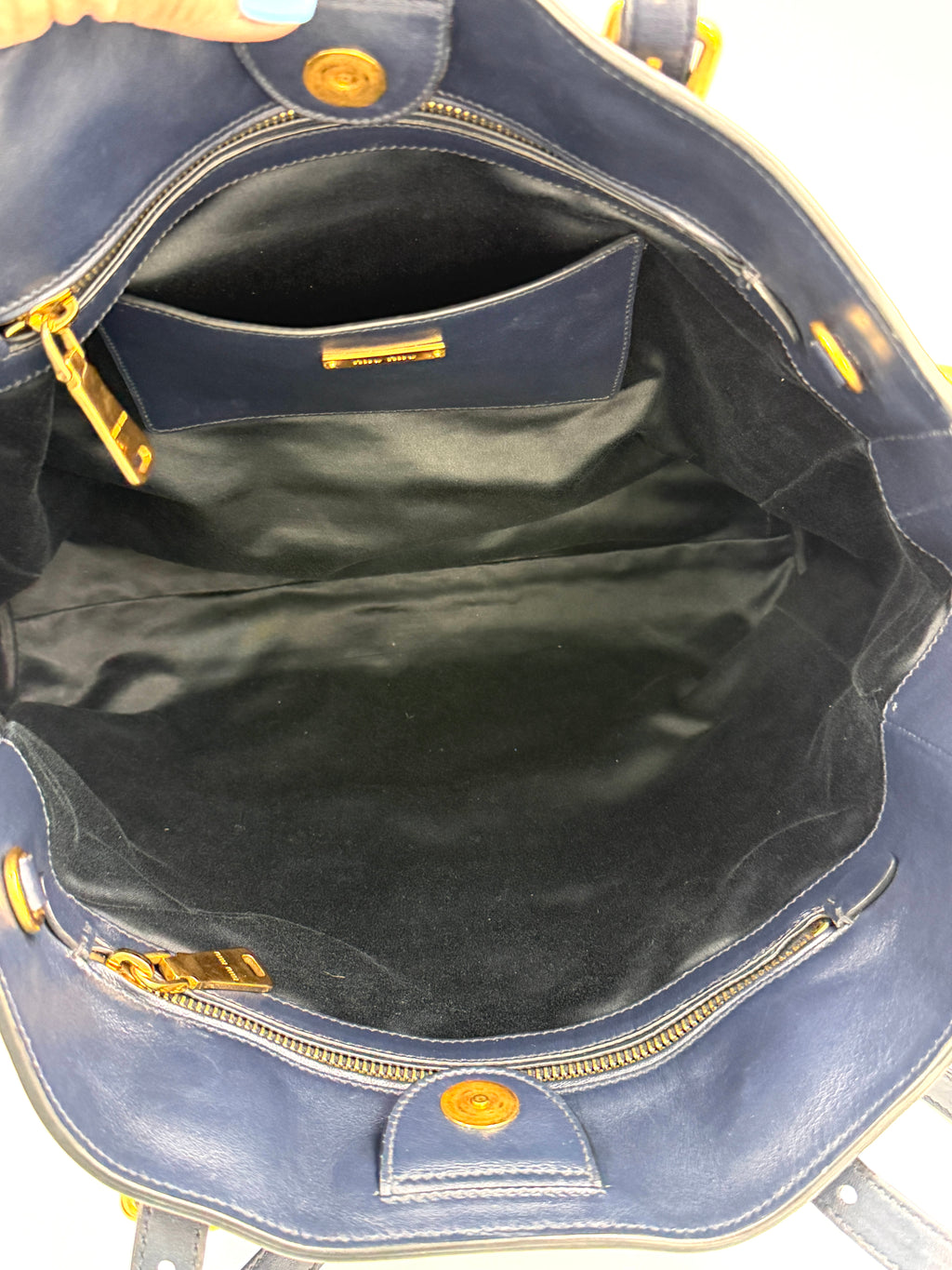 Pre-owned Miu Miu Studded Soft Calfskin Navy Blue Tote - Authenticated
