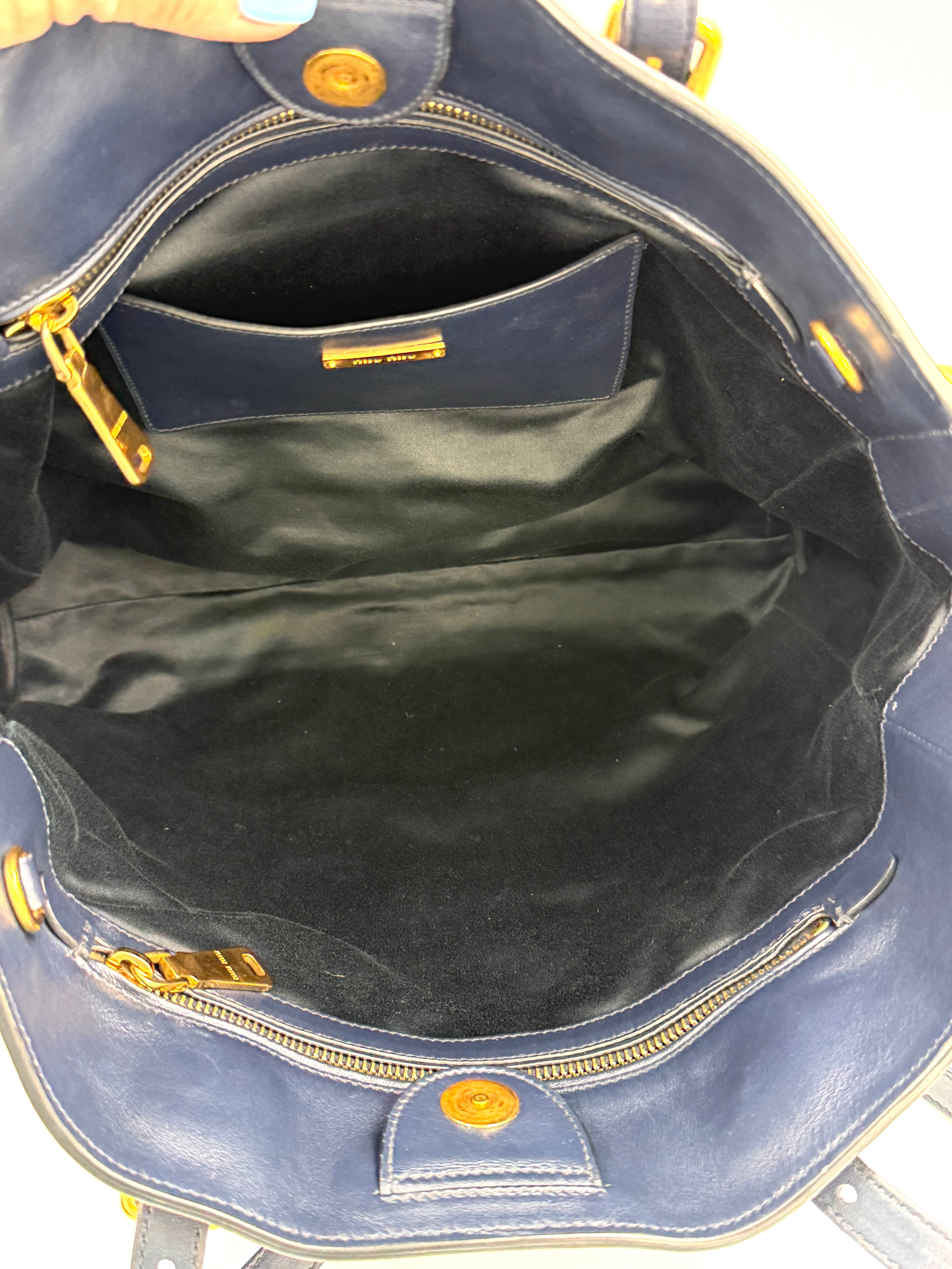 Pre-owned Miu Miu Studded Soft Calfskin Navy Blue Tote - Authenticated