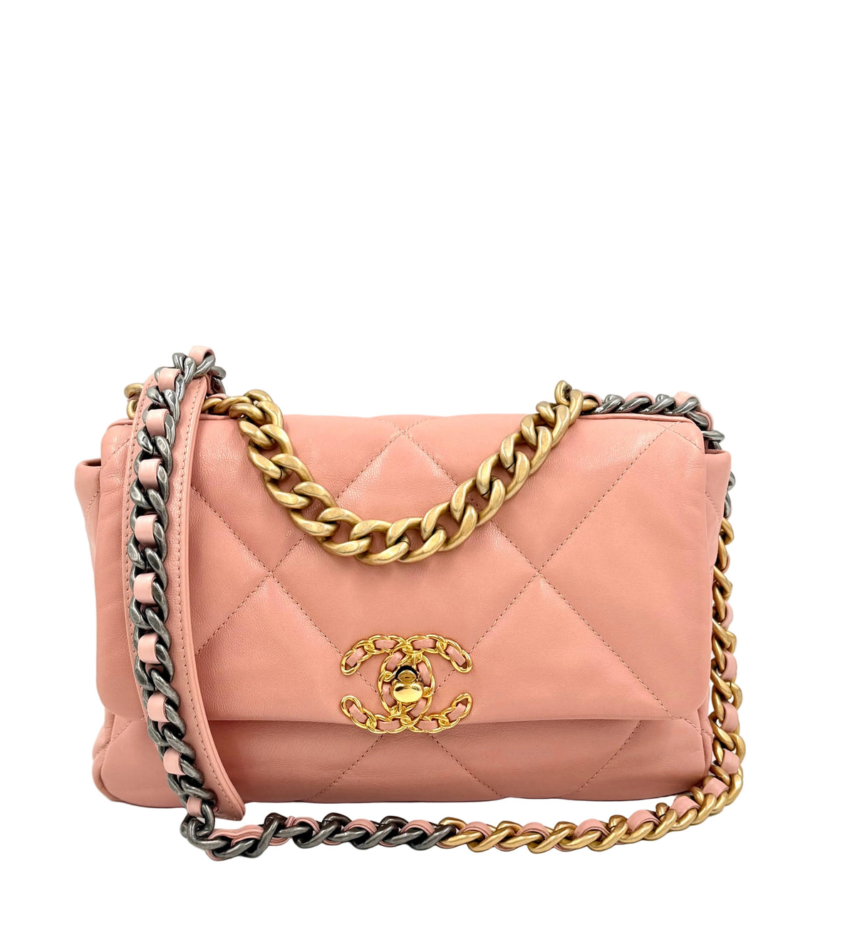Pre-owned Small Chanel 19 Flap Bag in Shiny Pink Quilted Leather with Mixed Metal Chain - Authenticated
