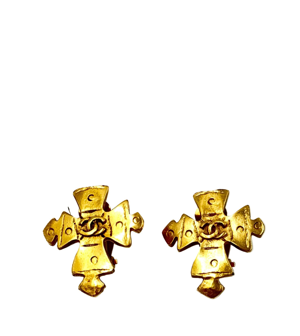 Pre-owned Chanel 1994 Gold Plated CC Maltese Cross Clip On Earrings - Authenticated
