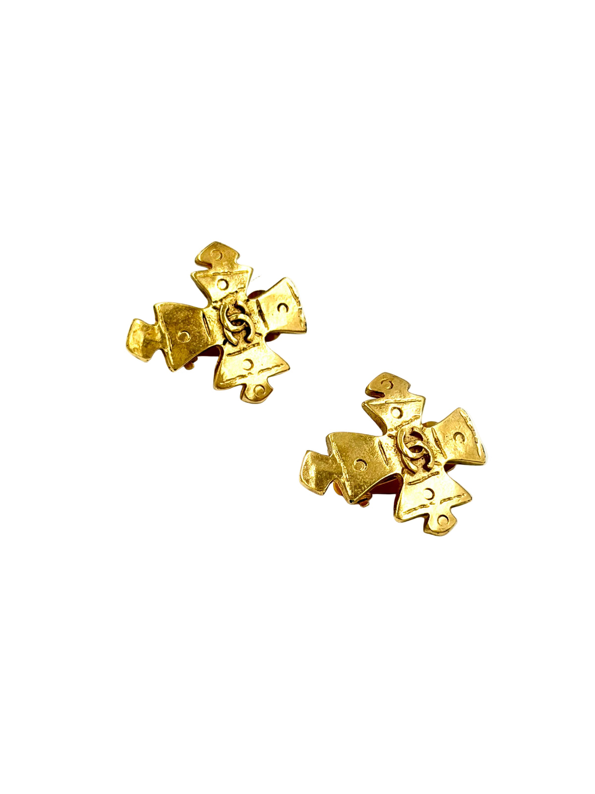 Pre-owned Chanel 1994 Gold Plated CC Maltese Cross Clip On Earrings - Authenticated
