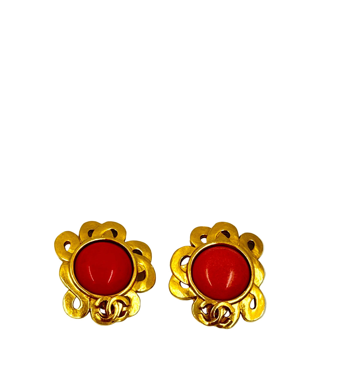 Pre-owned Chanel Coral Stone Clip On Earrings in 24K Gold Plating - Authenticated