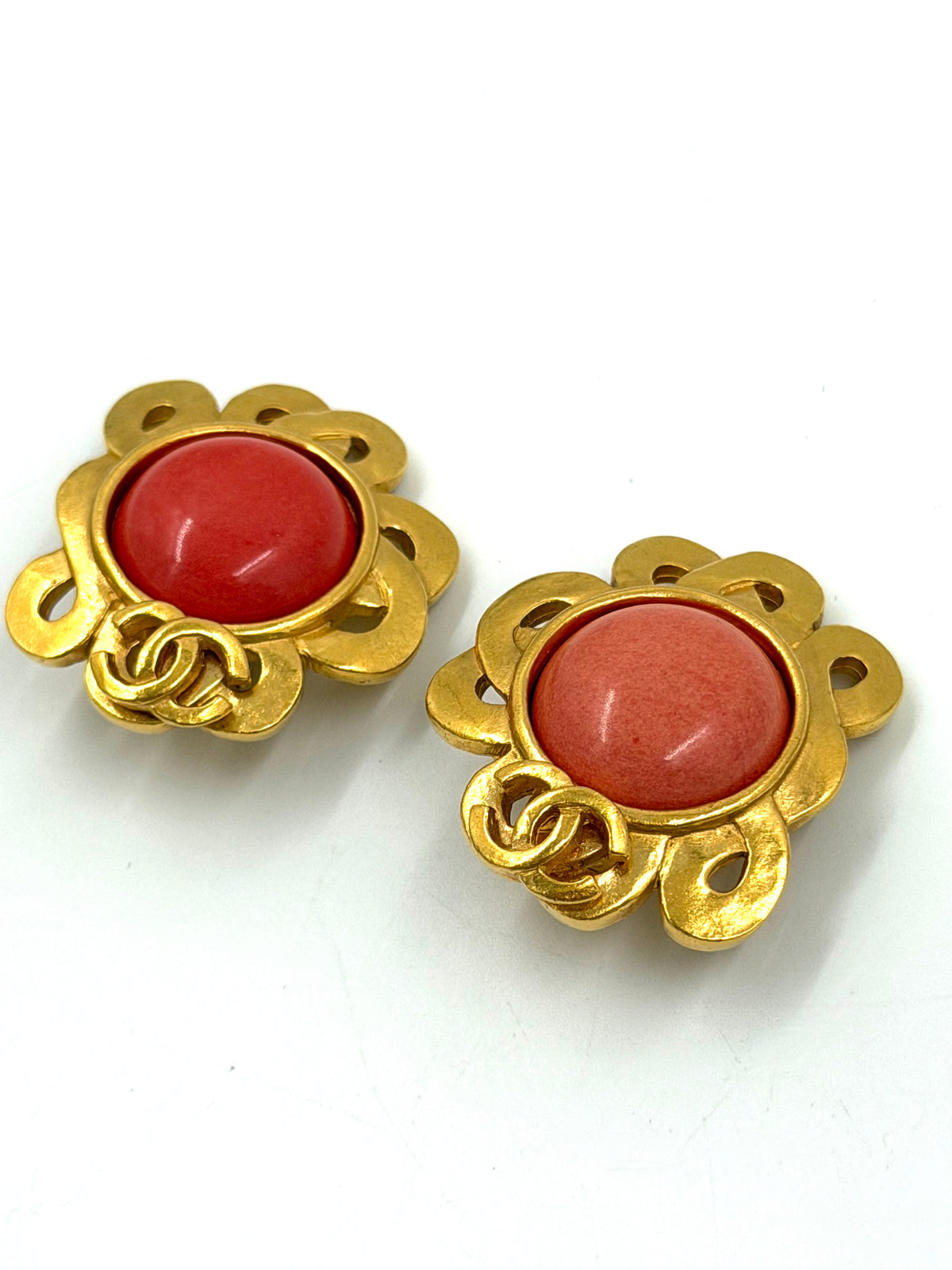 Pre-owned Chanel Coral Stone Clip On Earrings in 24K Gold Plating - Authenticated