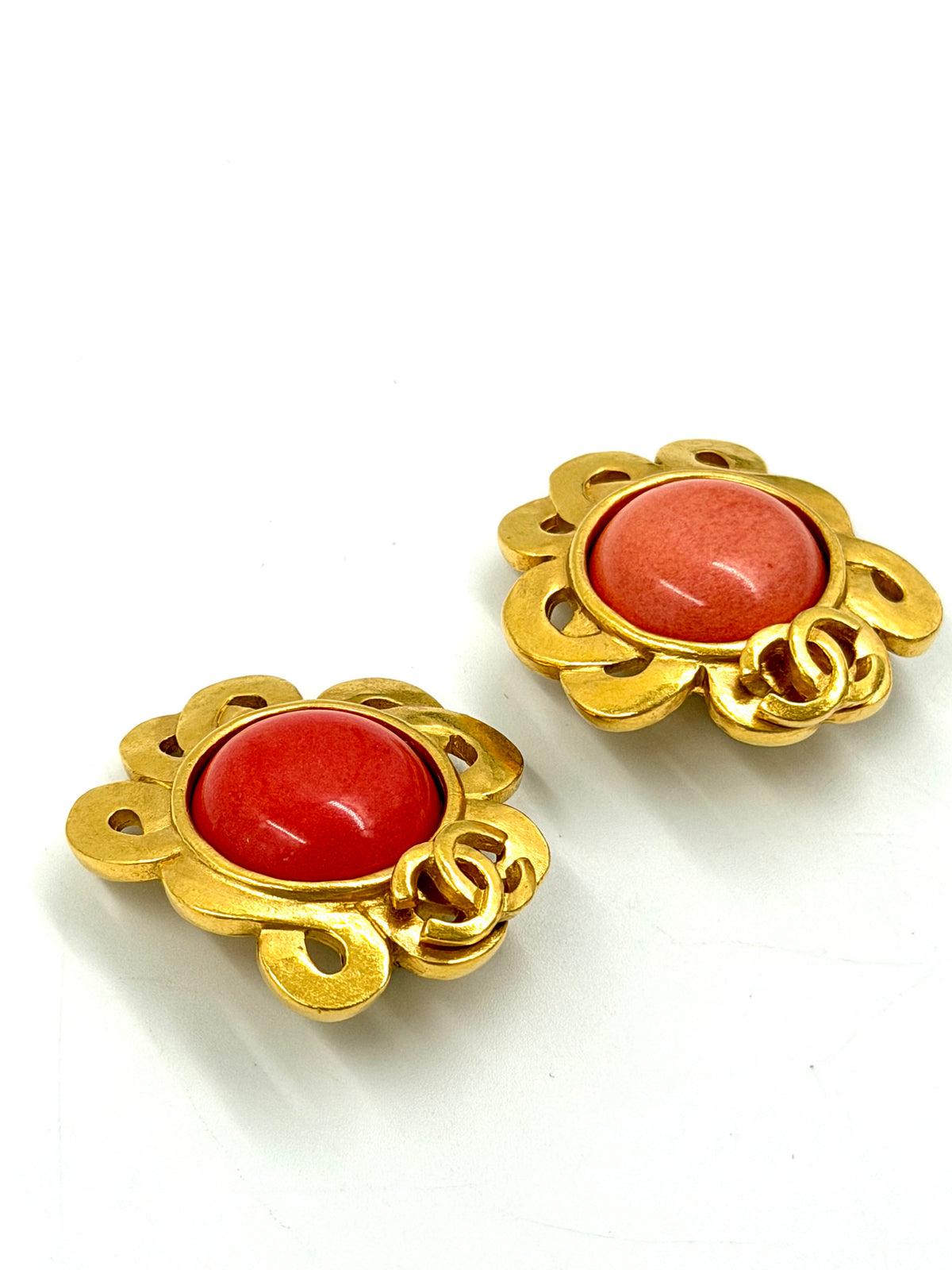 Pre-owned Chanel Coral Stone Clip On Earrings in 24K Gold Plating - Authenticated