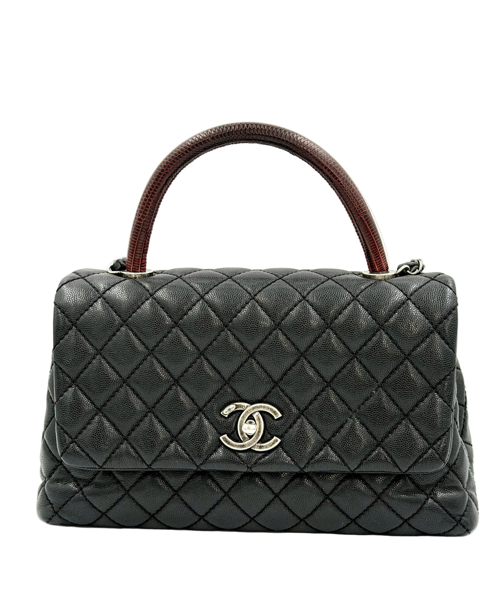 Pre-owned Chanel Coco Handle Bag, Black Caviar and Burgundy Lizard Skin - Authenticated