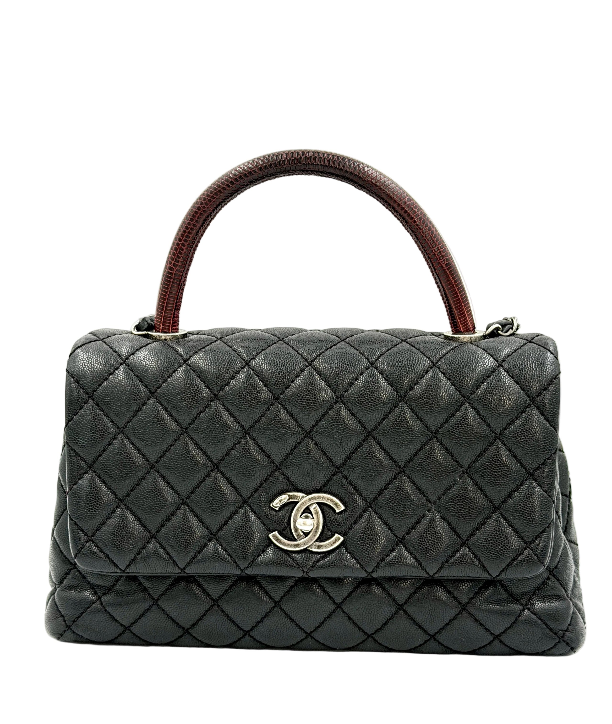 Pre-owned Chanel Coco Handle Bag, Black Caviar and Burgundy Lizard Skin - Authenticated