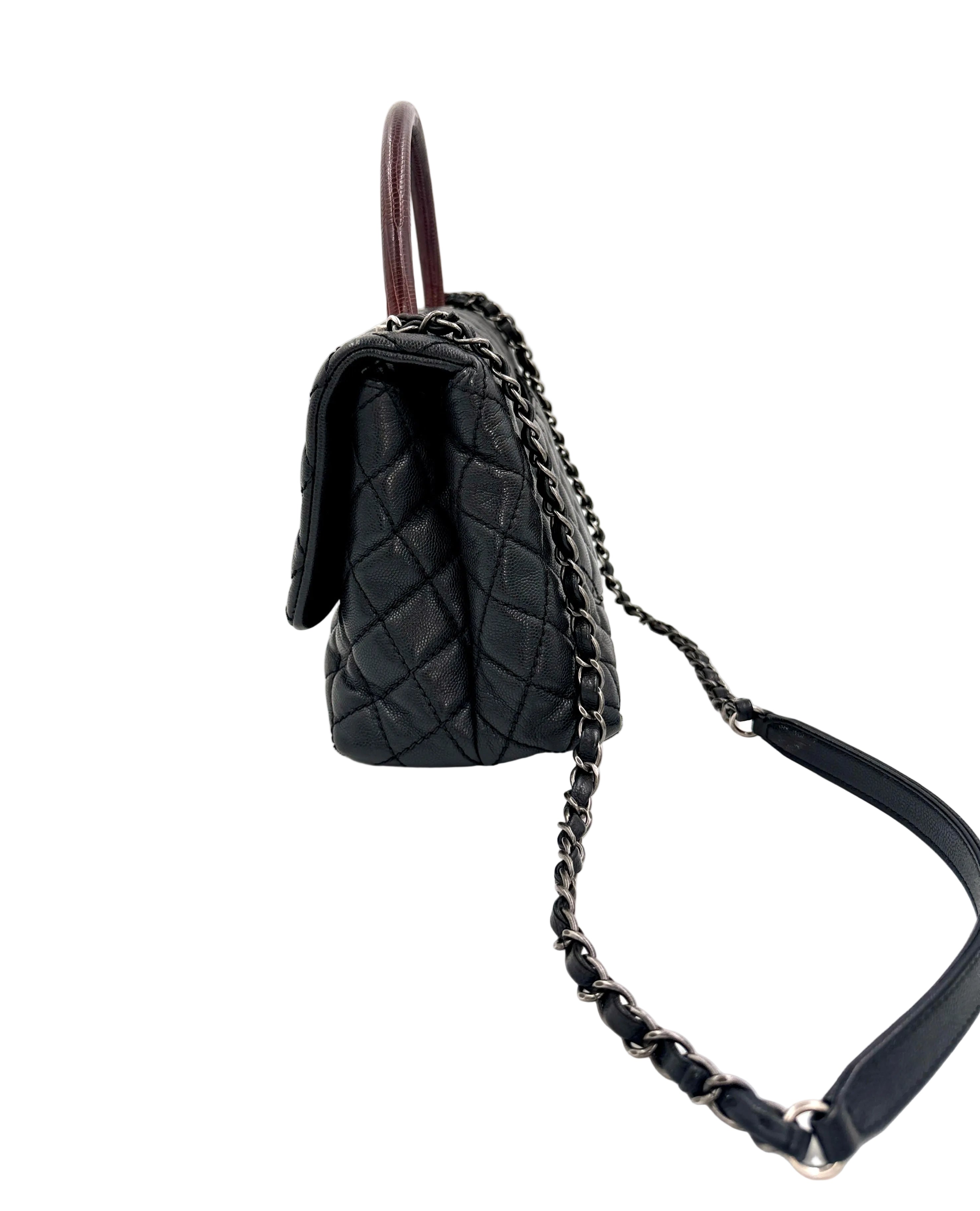 Pre-owned Chanel Coco Handle Bag, Black Caviar and Burgundy Lizard Skin - Authenticated