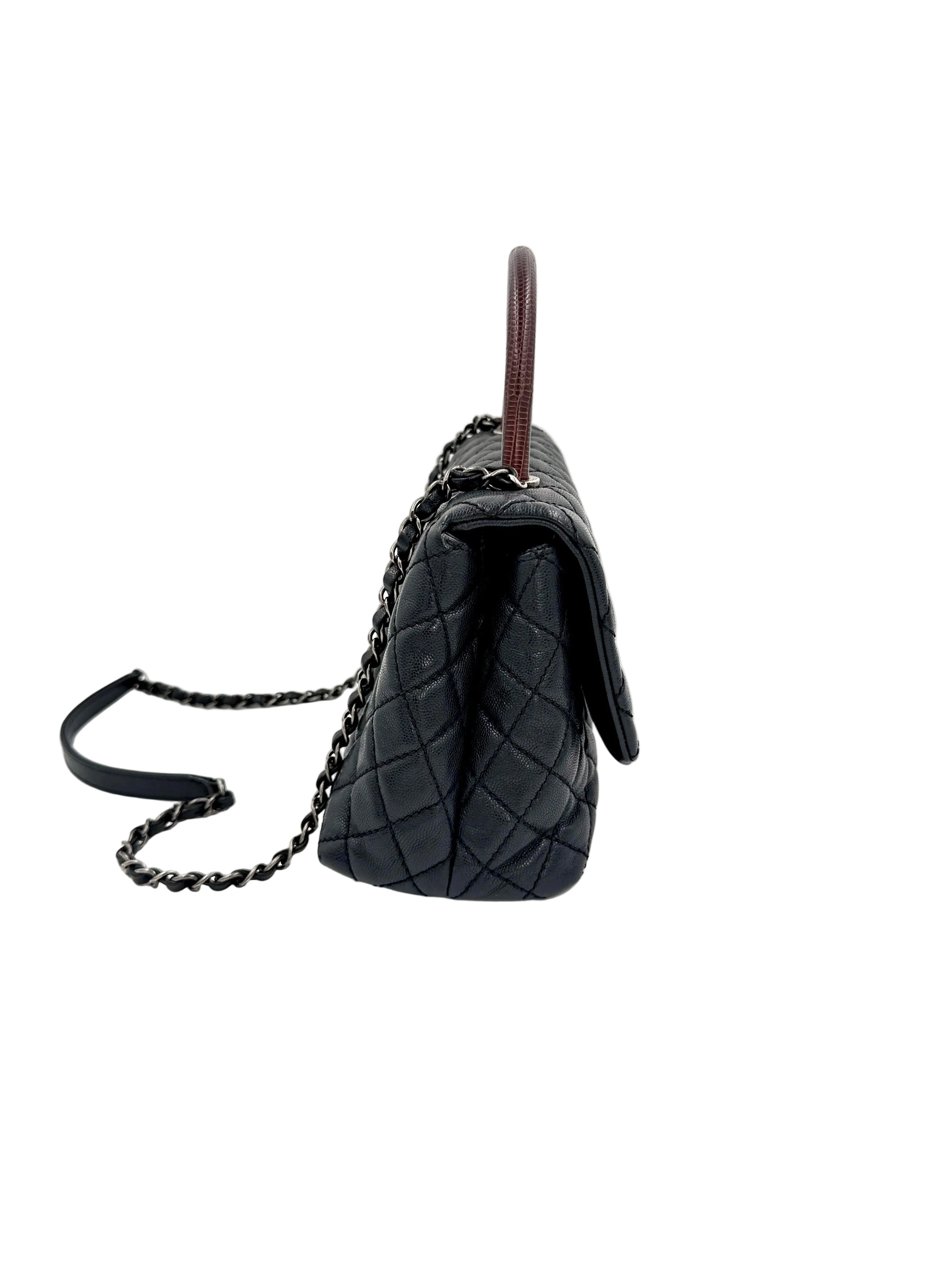 Pre-owned Chanel Coco Handle Bag, Black Caviar and Burgundy Lizard Skin - Authenticated