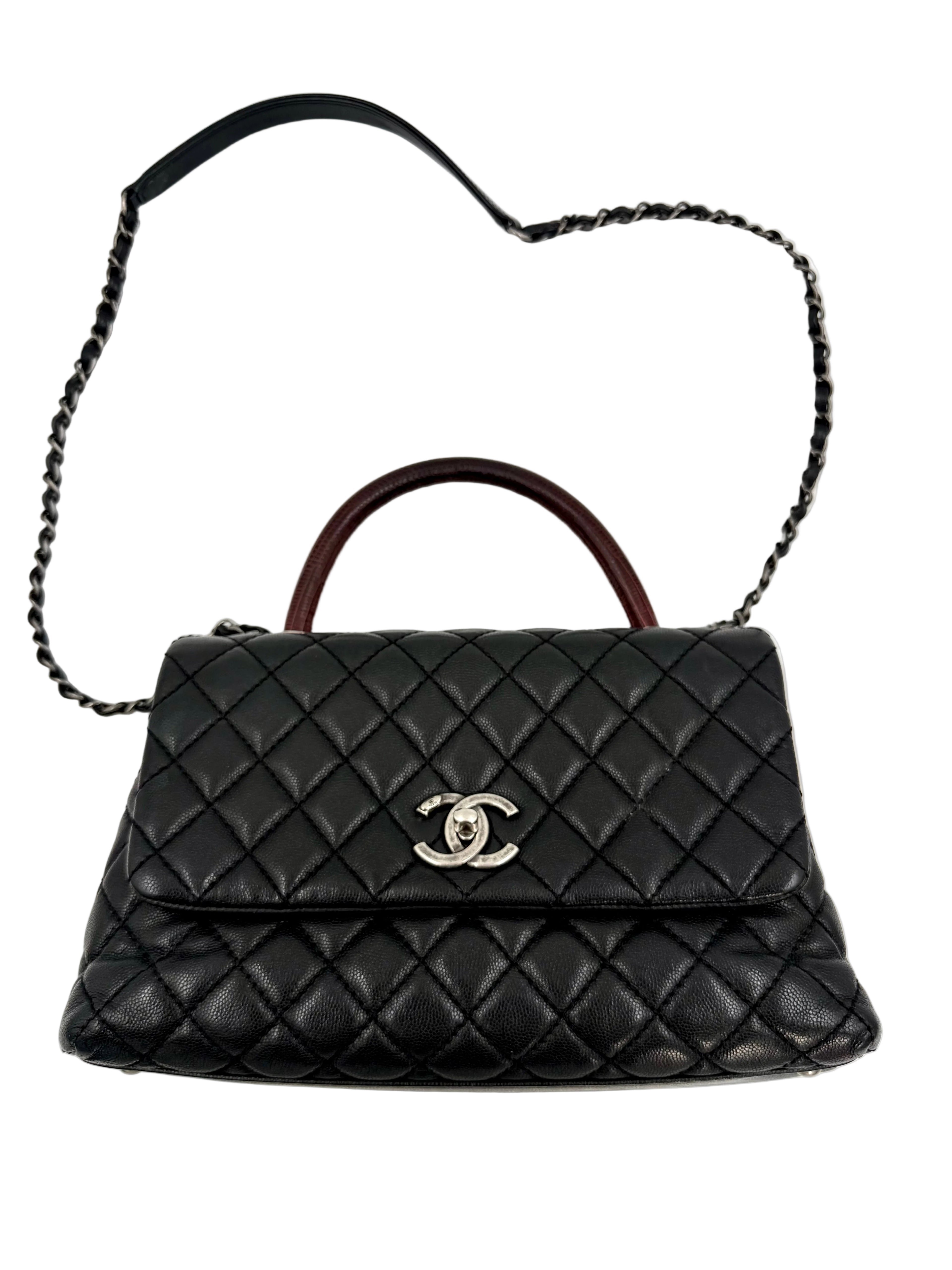 Pre-owned Chanel Coco Handle Bag, Black Caviar and Burgundy Lizard Skin - Authenticated