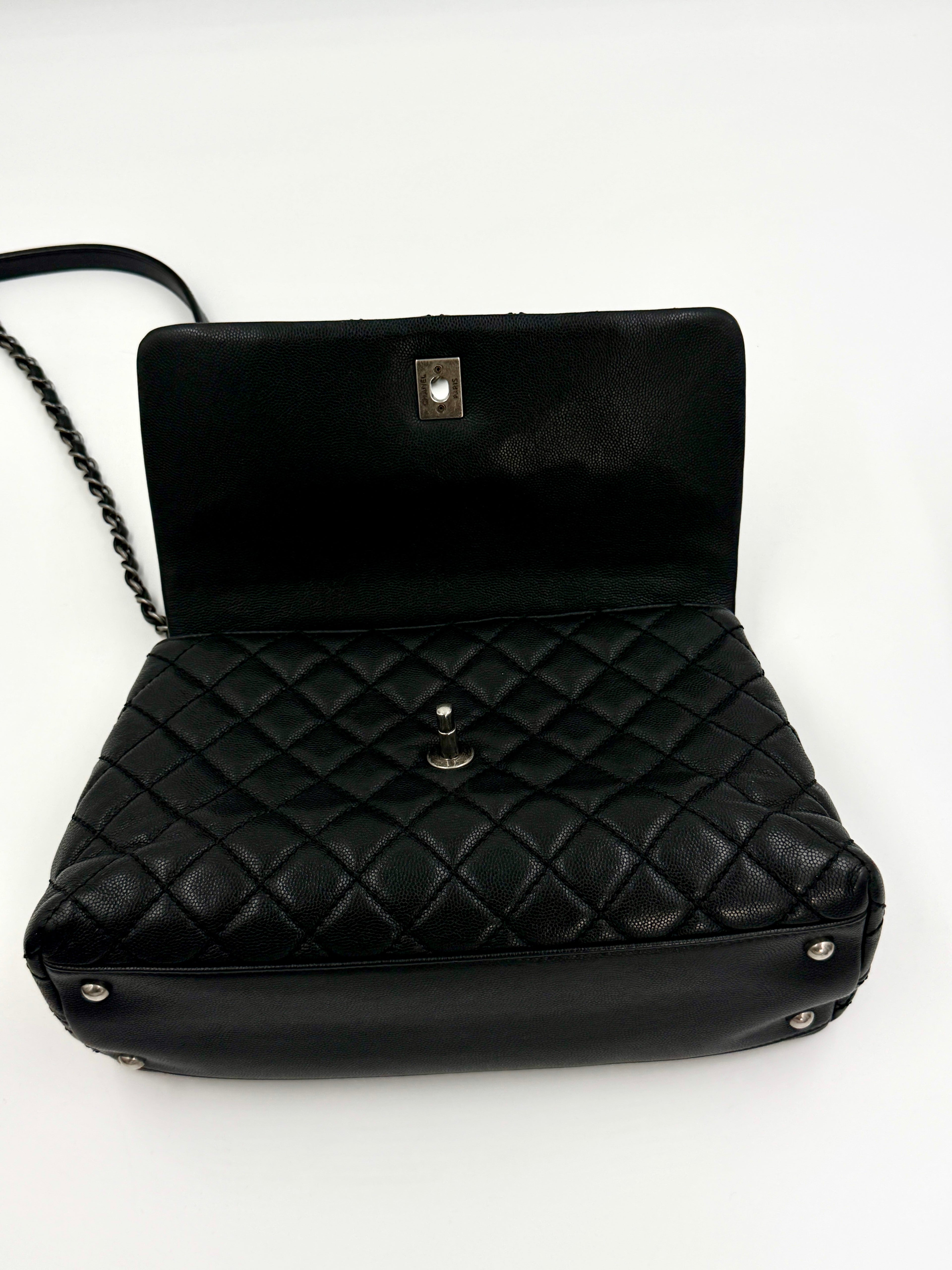 Pre-owned Chanel Coco Handle Bag, Black Caviar and Burgundy Lizard Skin - Authenticated