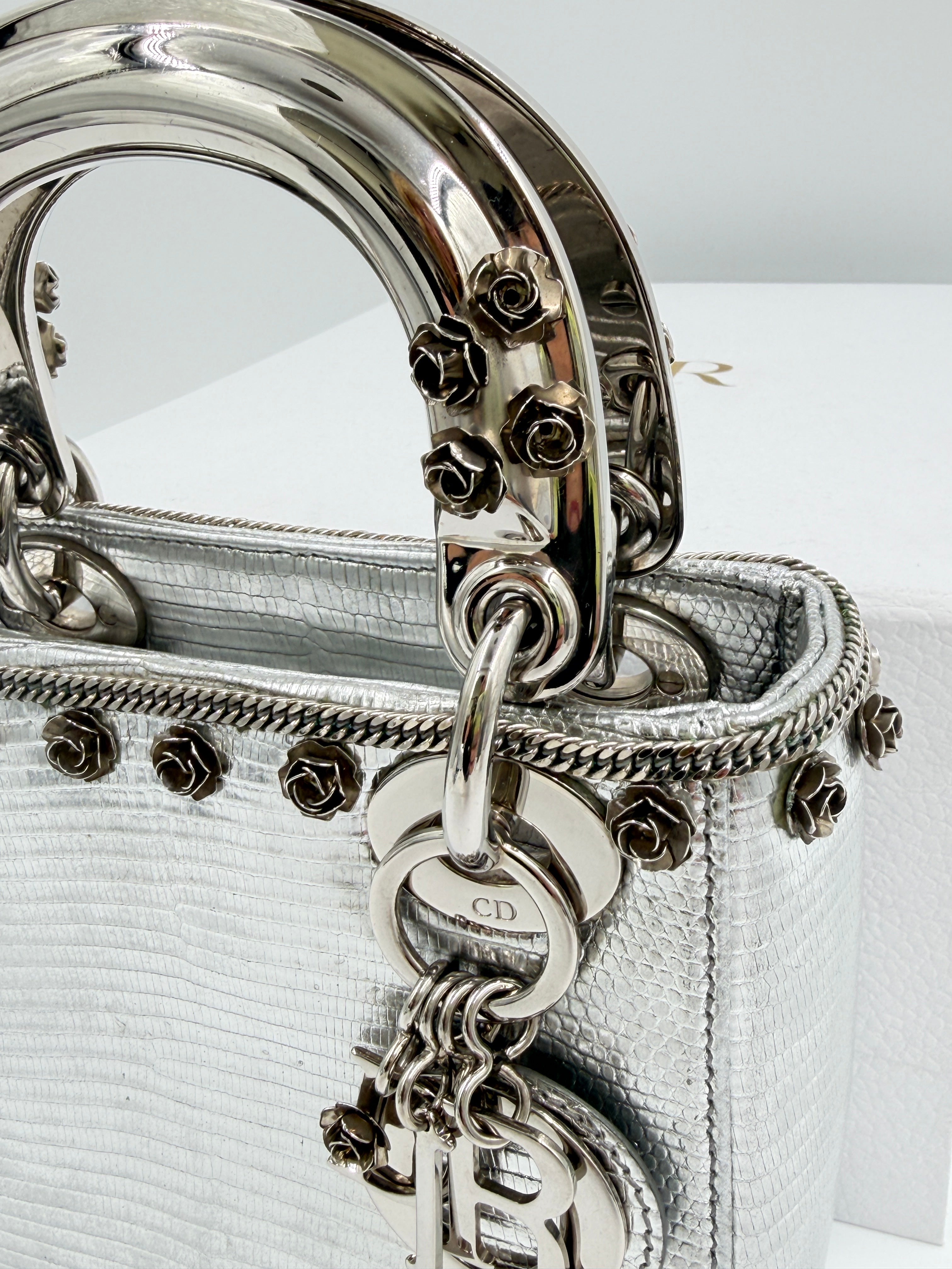 Pre-owned Christian Dior Mini Lady Dior Bag, Metallic Silver Lizard Skin, Limited Edition - Authenticated