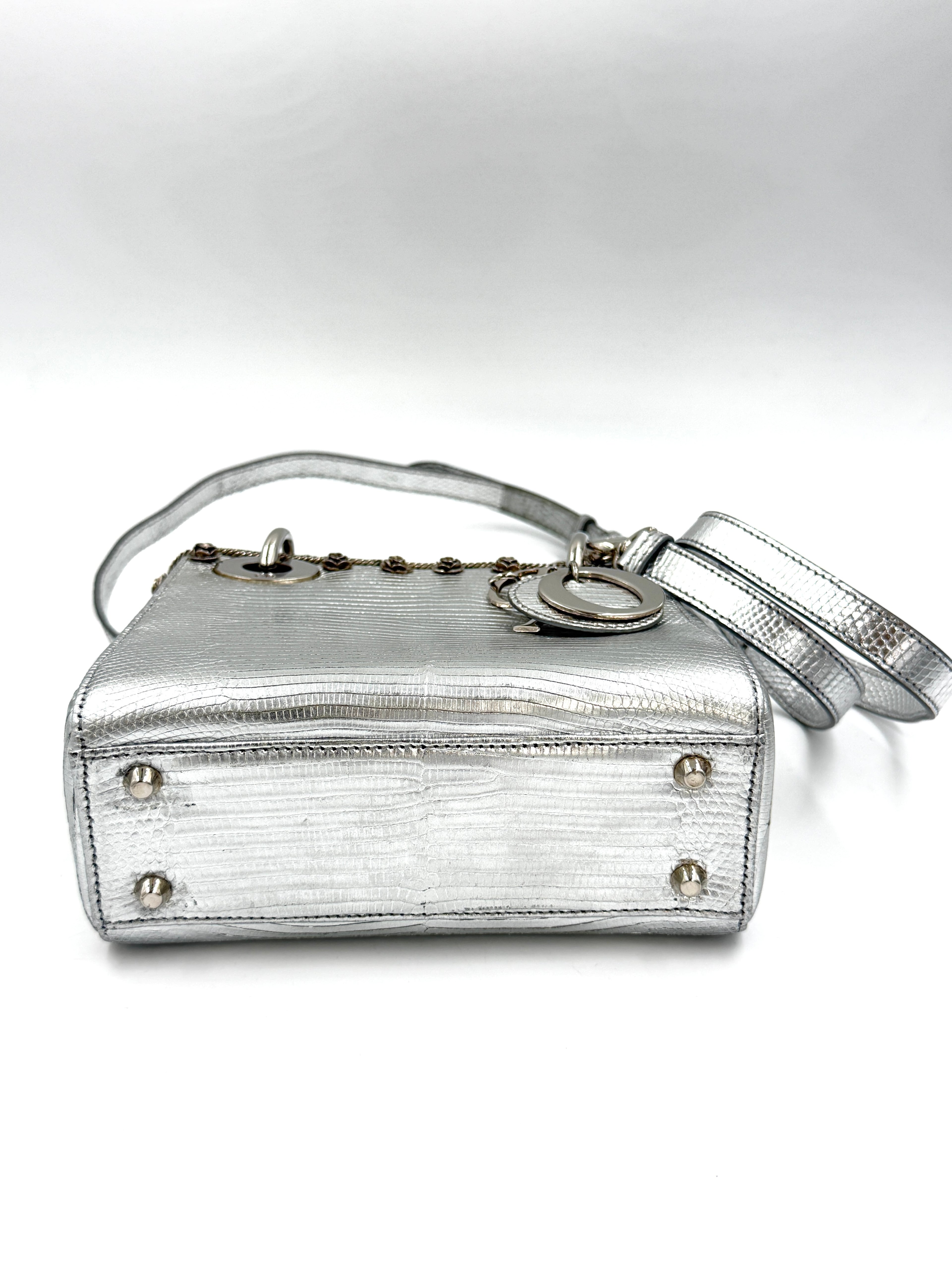 Pre-owned Christian Dior Mini Lady Dior Bag, Metallic Silver Lizard Skin, Limited Edition - Authenticated