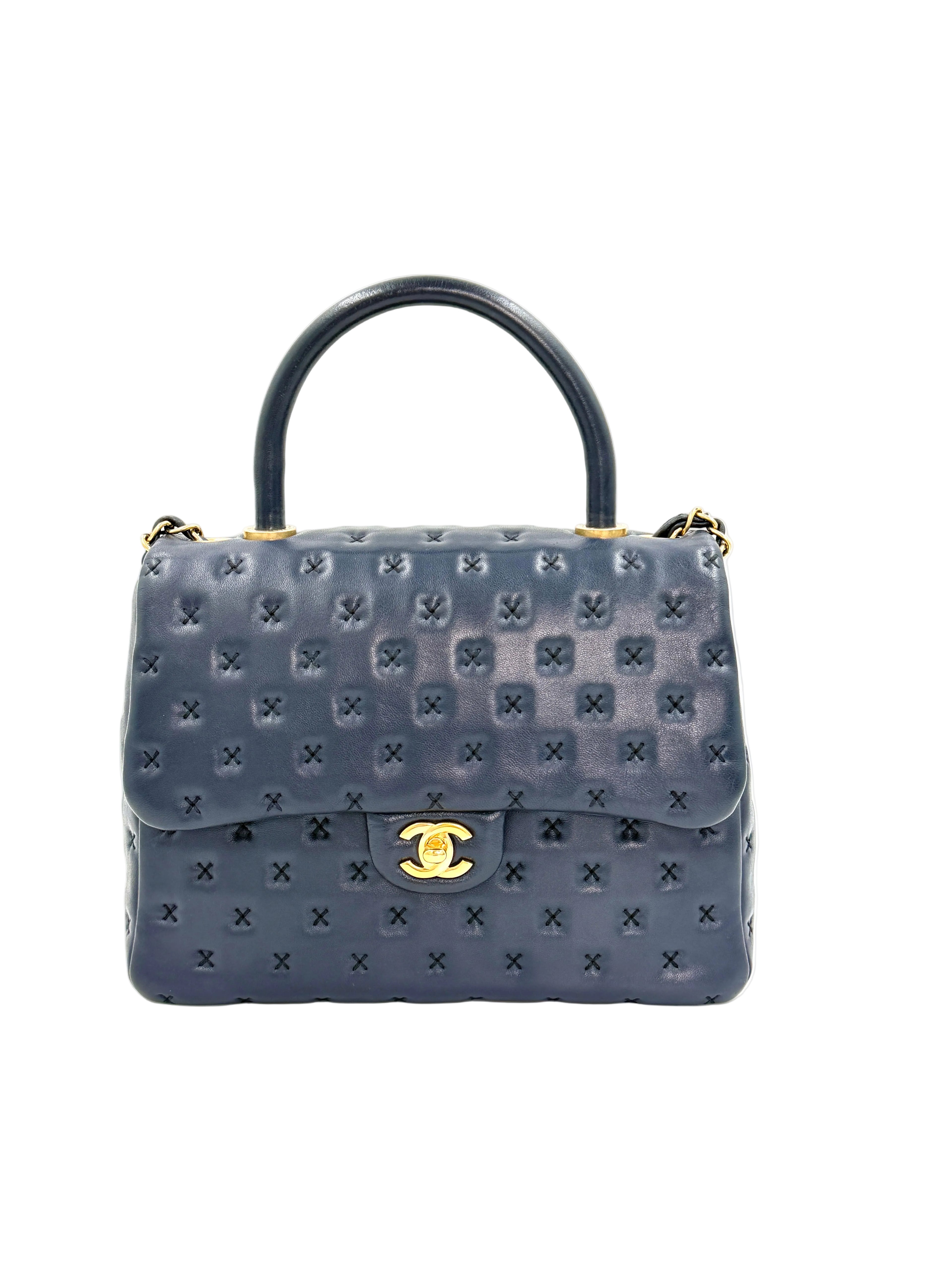 Pre-owned Chanel Paris-Rome Cross Stitch Medium Top Handle Flap Bag Navy - Authenticated