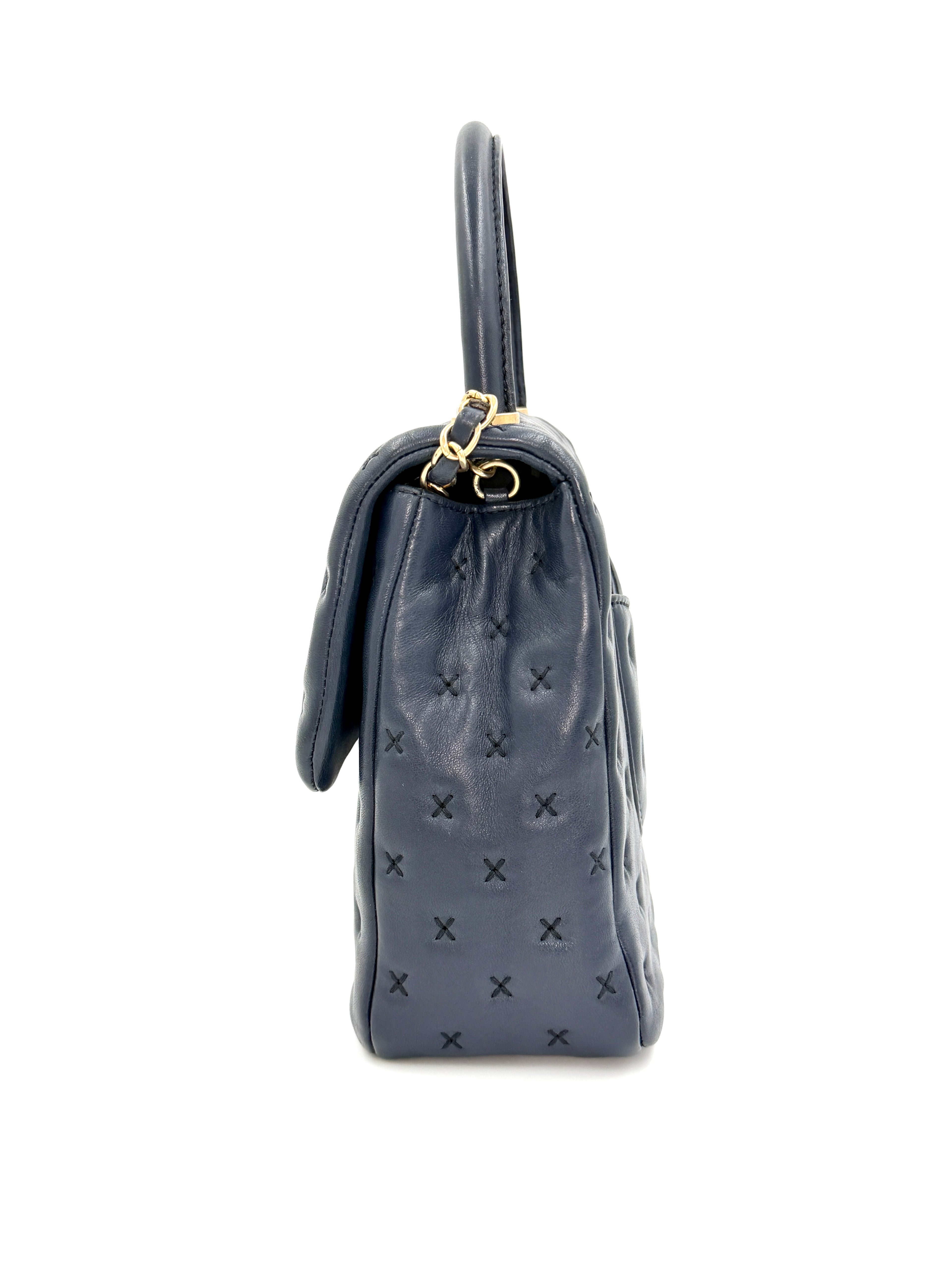 Pre-owned Chanel Paris-Rome Cross Stitch Medium Top Handle Flap Bag Navy - Authenticated
