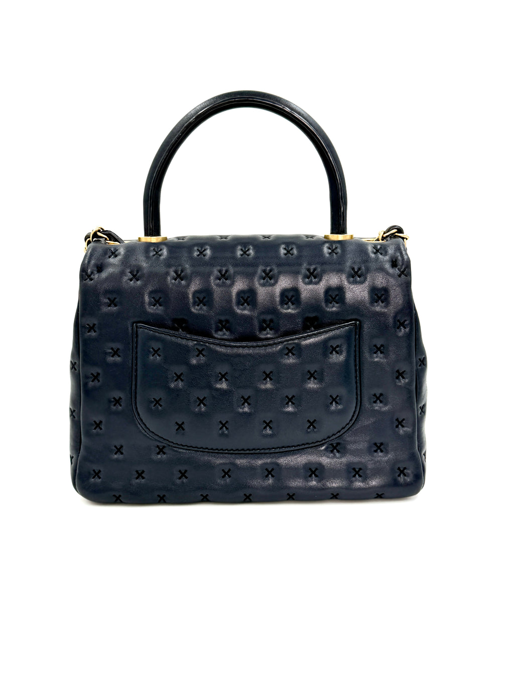 Pre-owned Chanel Paris-Rome Cross Stitch Medium Top Handle Flap Bag Navy - Authenticated