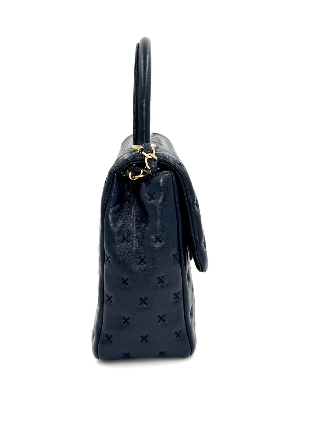 Pre-owned Chanel Paris-Rome Cross Stitch Medium Top Handle Flap Bag Navy - Authenticated