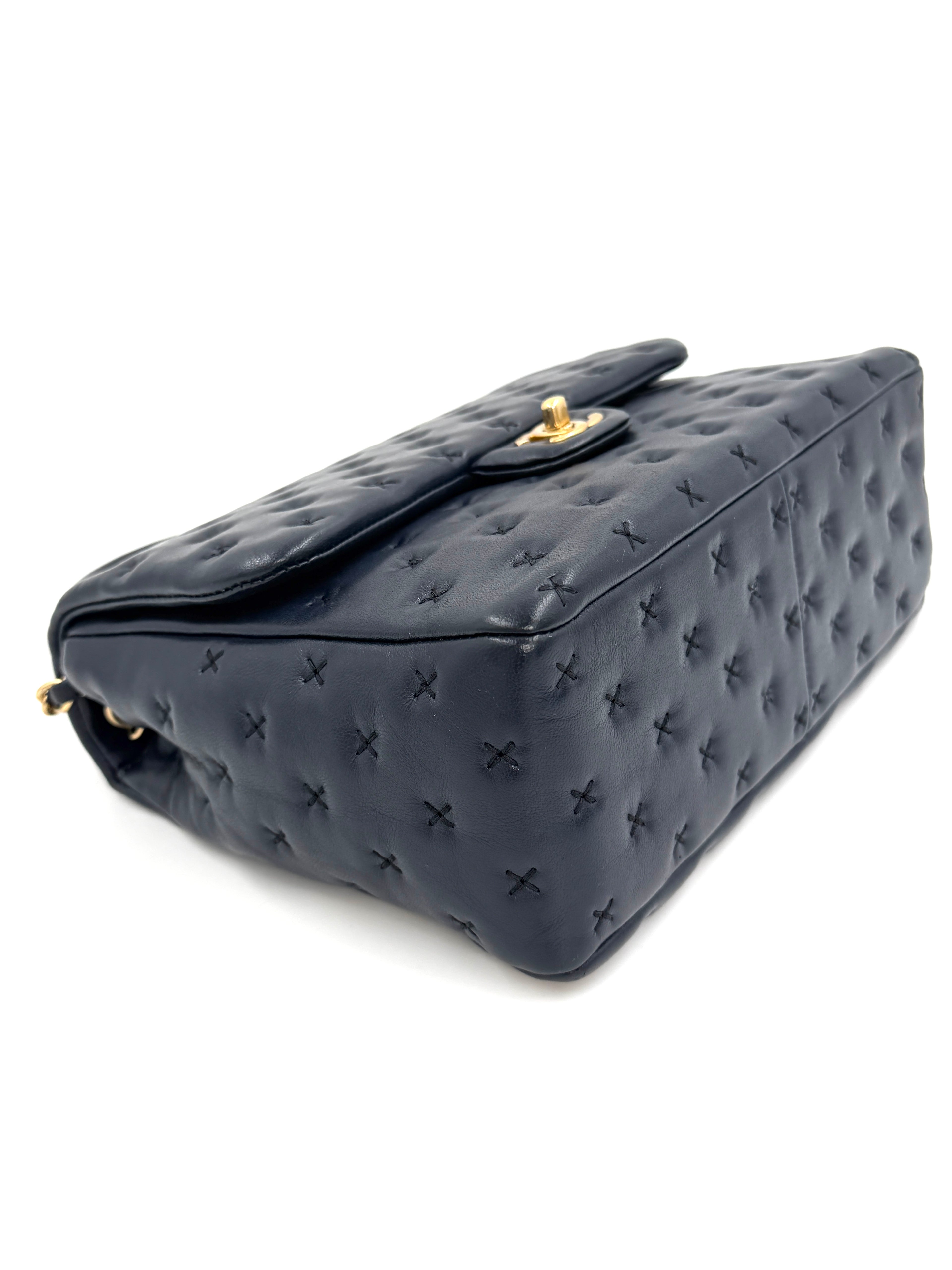 Pre-owned Chanel Paris-Rome Cross Stitch Medium Top Handle Flap Bag Navy - Authenticated