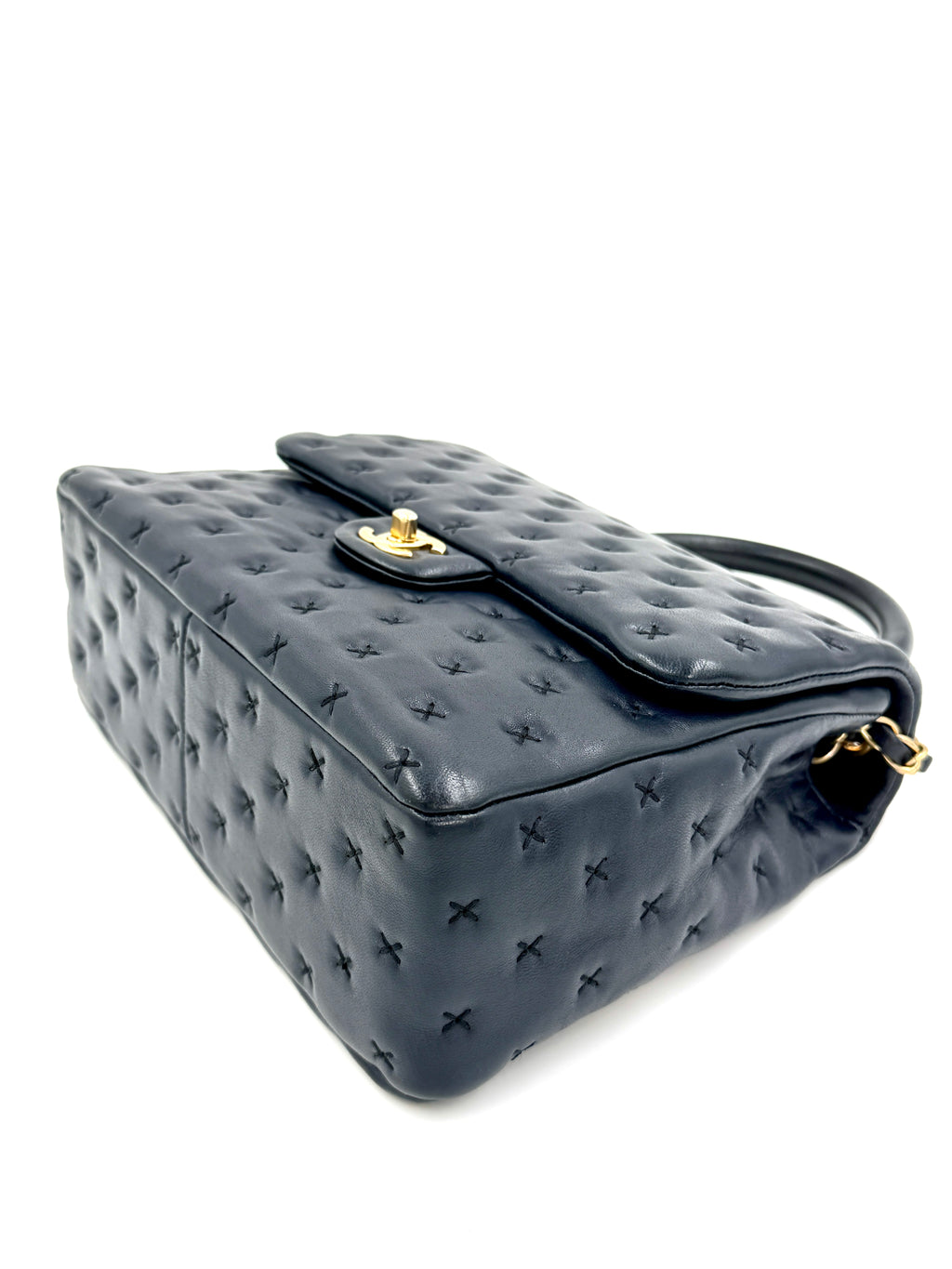 Pre-owned Chanel Paris-Rome Cross Stitch Medium Top Handle Flap Bag Navy - Authenticated