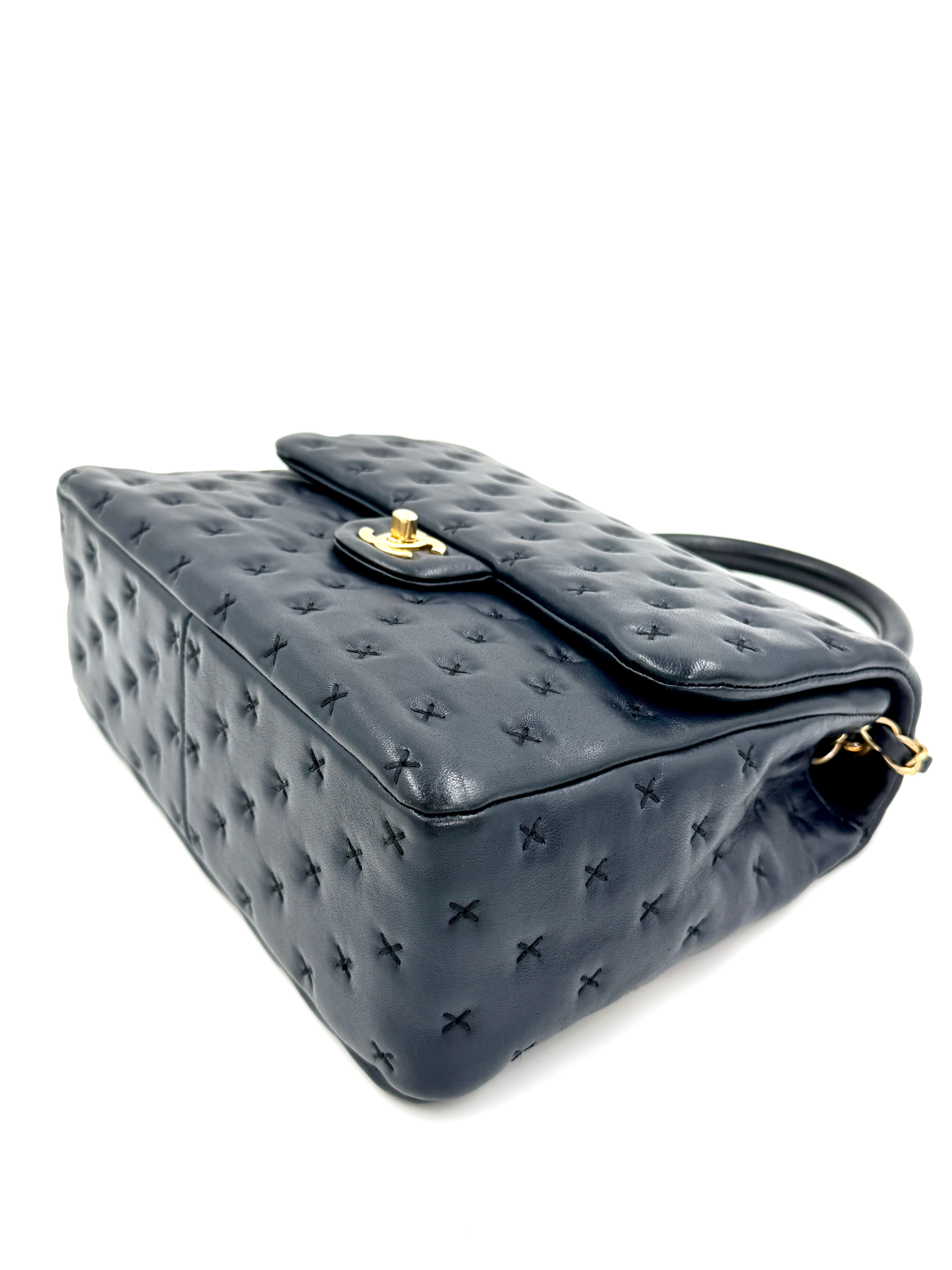 Pre-owned Chanel Paris-Rome Cross Stitch Medium Top Handle Flap Bag Navy - Authenticated