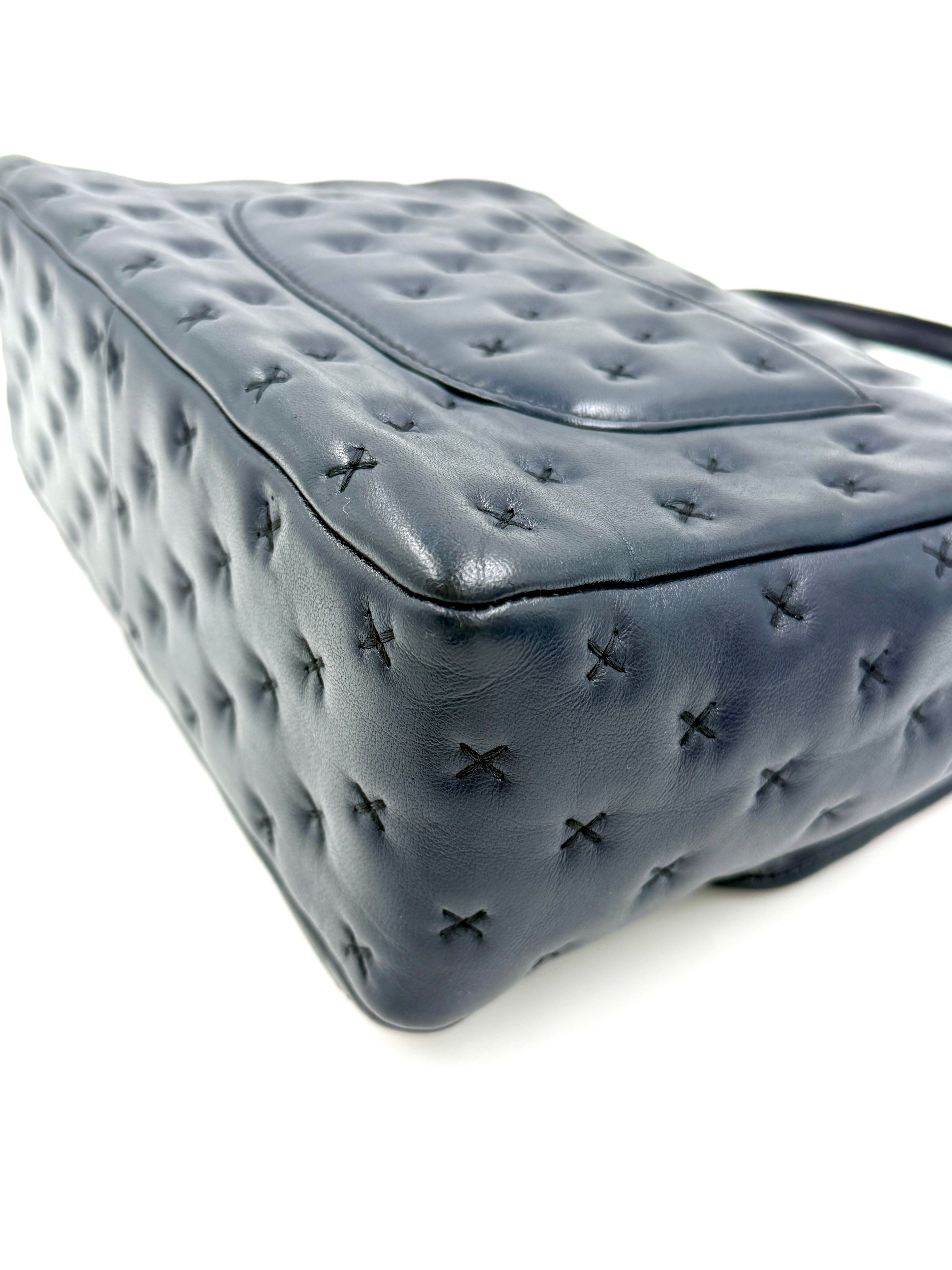 Pre-owned Chanel Paris-Rome Cross Stitch Medium Top Handle Flap Bag Navy - Authenticated
