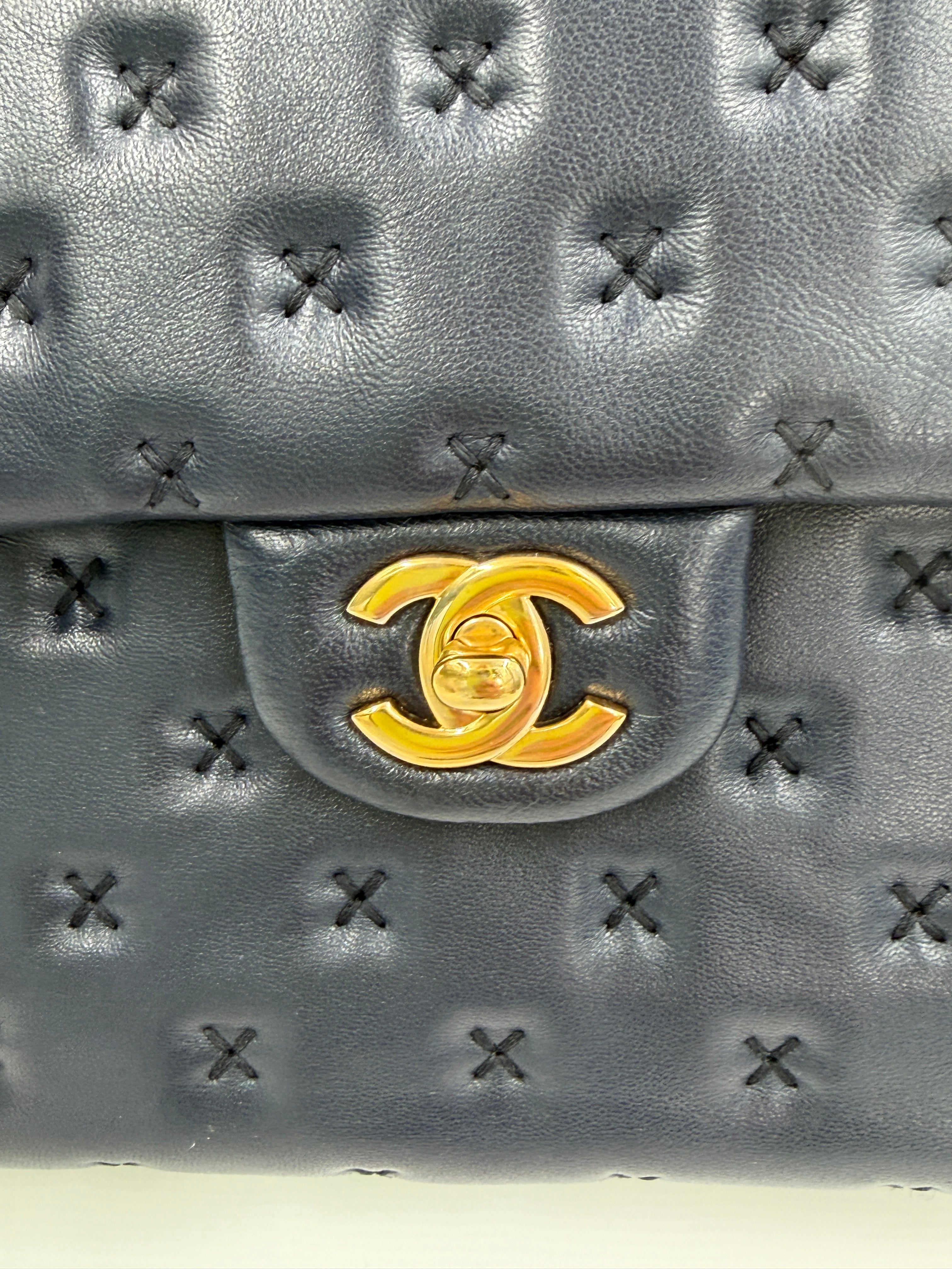 Pre-owned Chanel Paris-Rome Cross Stitch Medium Top Handle Flap Bag Navy - Authenticated