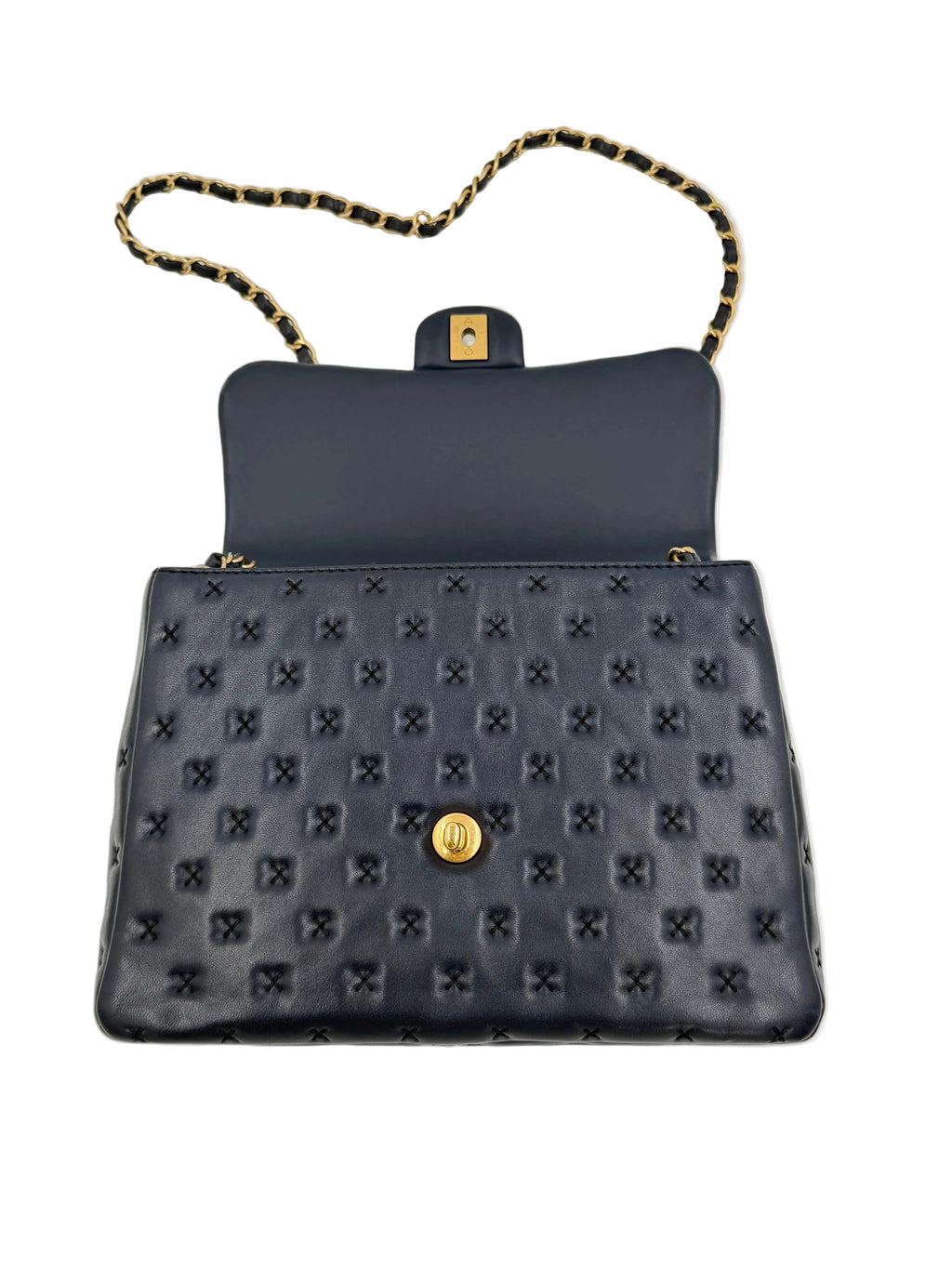 Pre-owned Chanel Paris-Rome Cross Stitch Medium Top Handle Flap Bag Navy - Authenticated