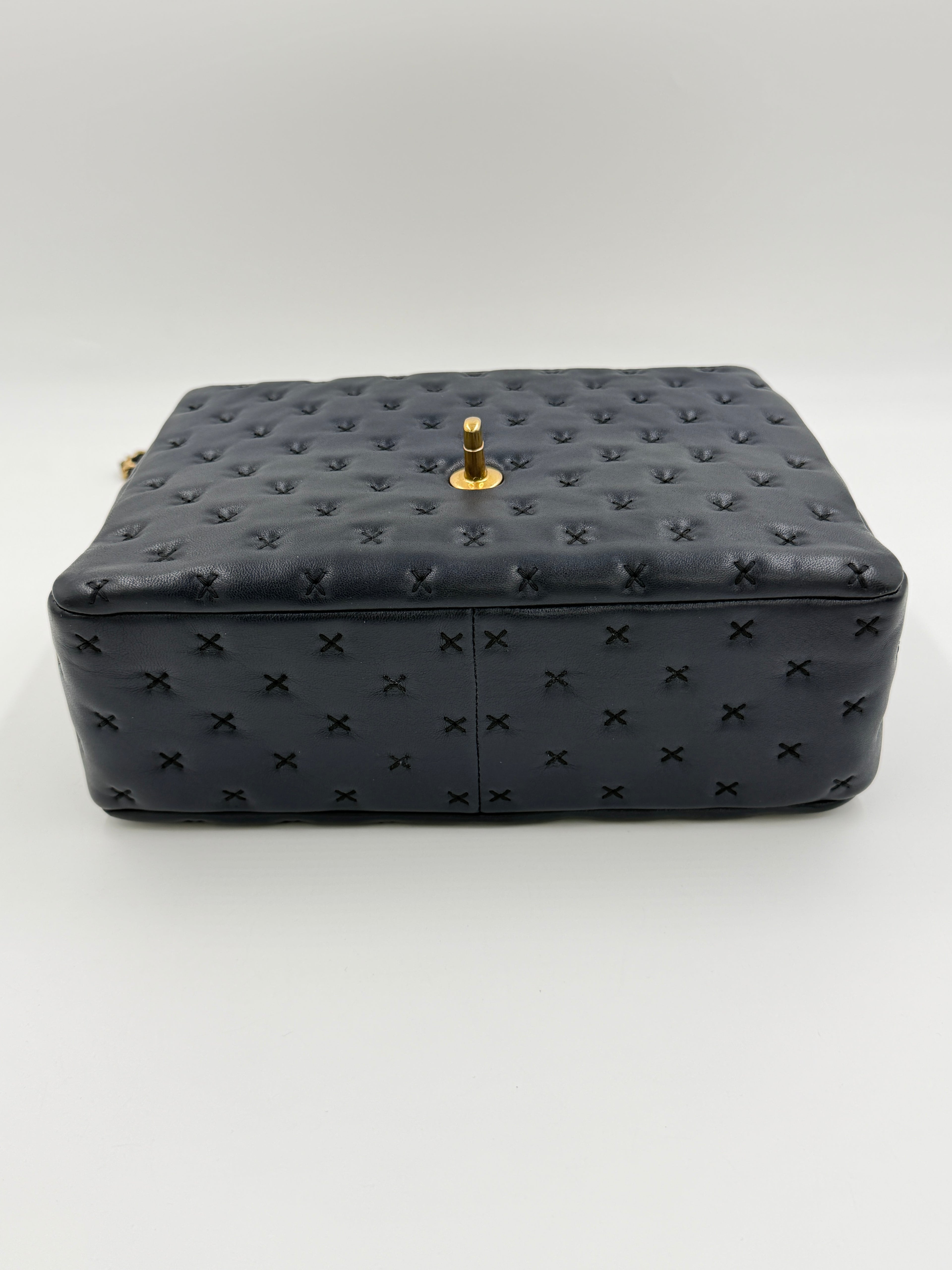 Pre-owned Chanel Paris-Rome Cross Stitch Medium Top Handle Flap Bag Navy - Authenticated