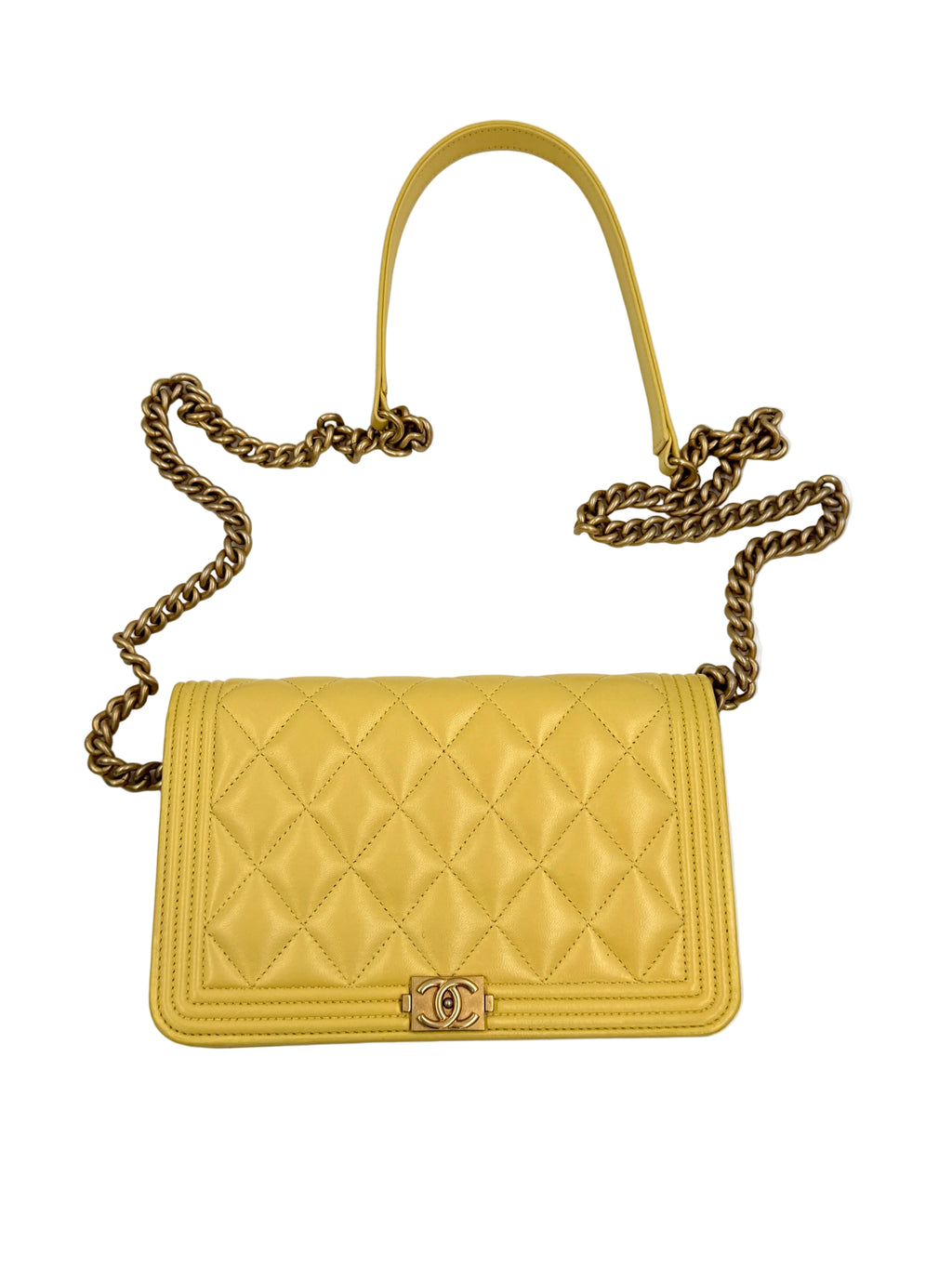 Pre-Owned Chanel Yellow Lambskin Wallet on Chain Gold Hardware S/S 2017 - Authenticated