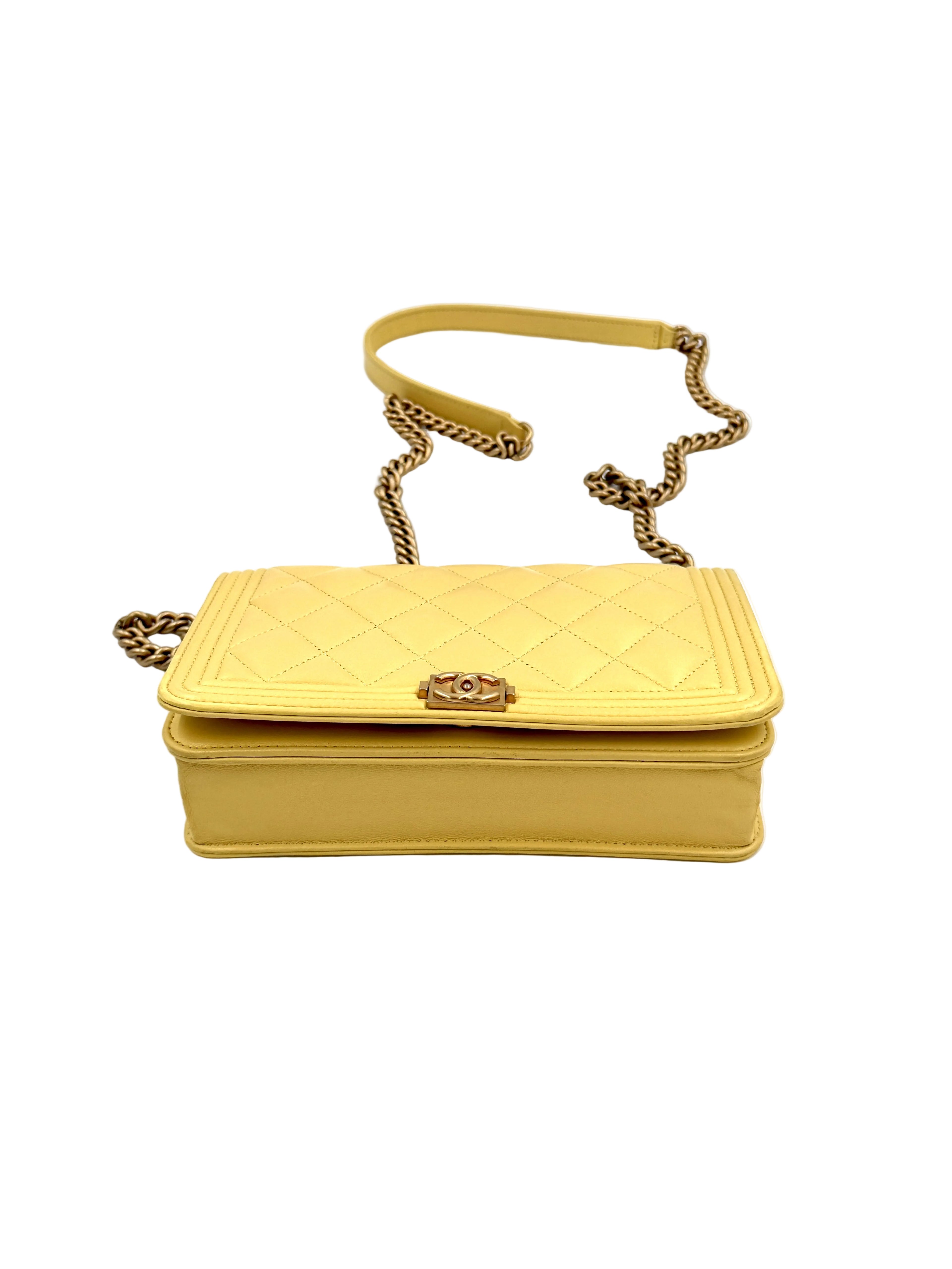 Pre-Owned Chanel Yellow Lambskin Wallet on Chain Gold Hardware S/S 2017 - Authenticated